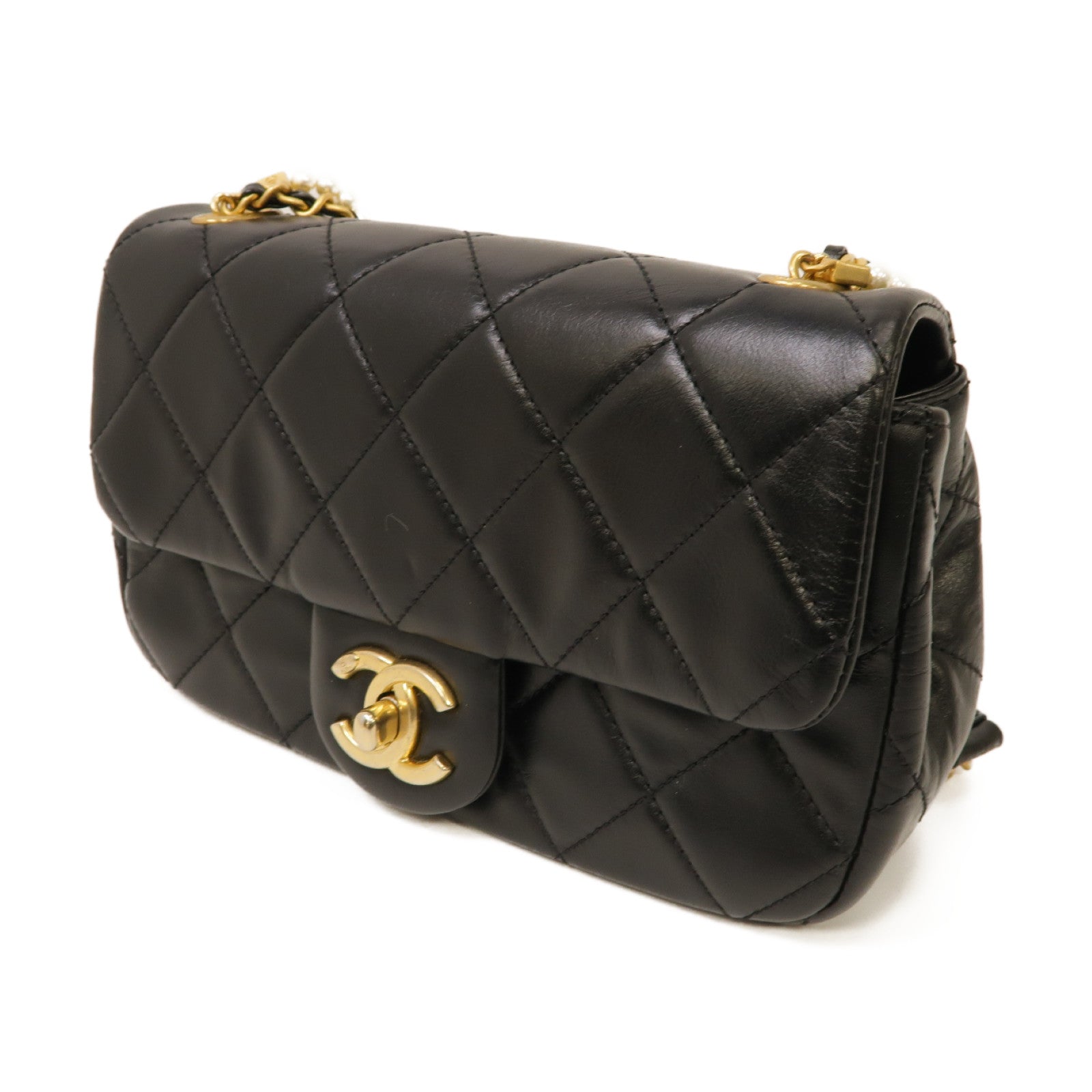 CHANEL 菱格牛皮皮革Chain Shoulder Bag金扣鏈帶肩背袋黑色