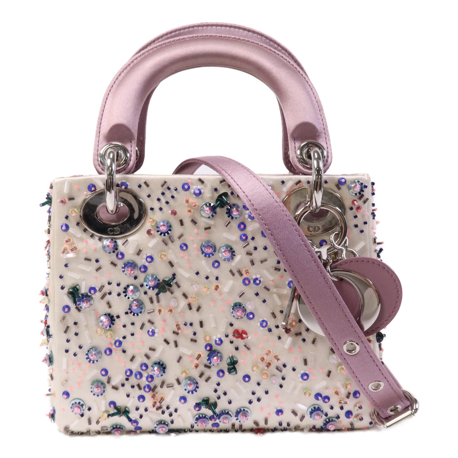 Dior 絨布/膠珠Mini Lady Dior銀扣手挽袋