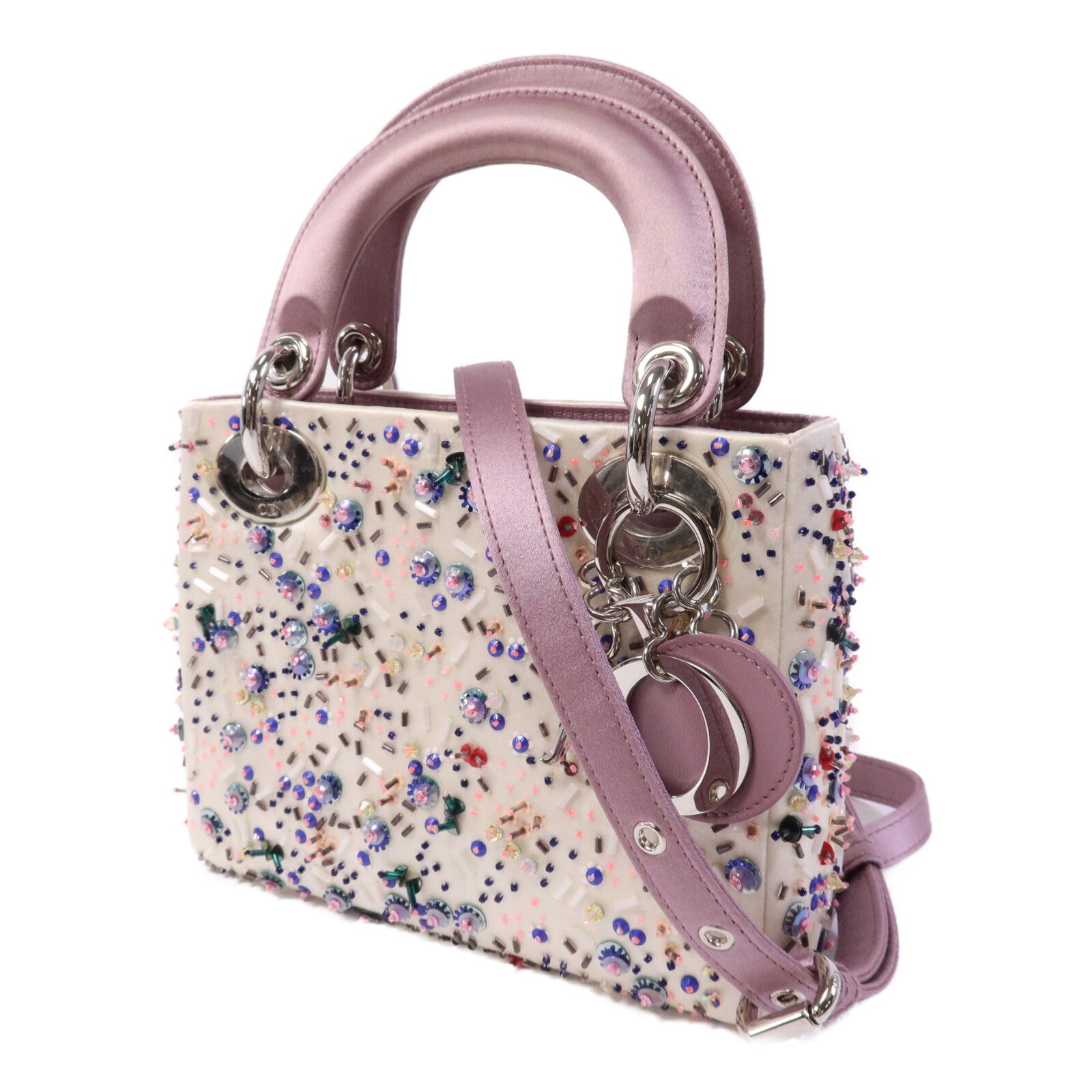 Dior 絨布/膠珠Mini Lady Dior銀扣手挽袋