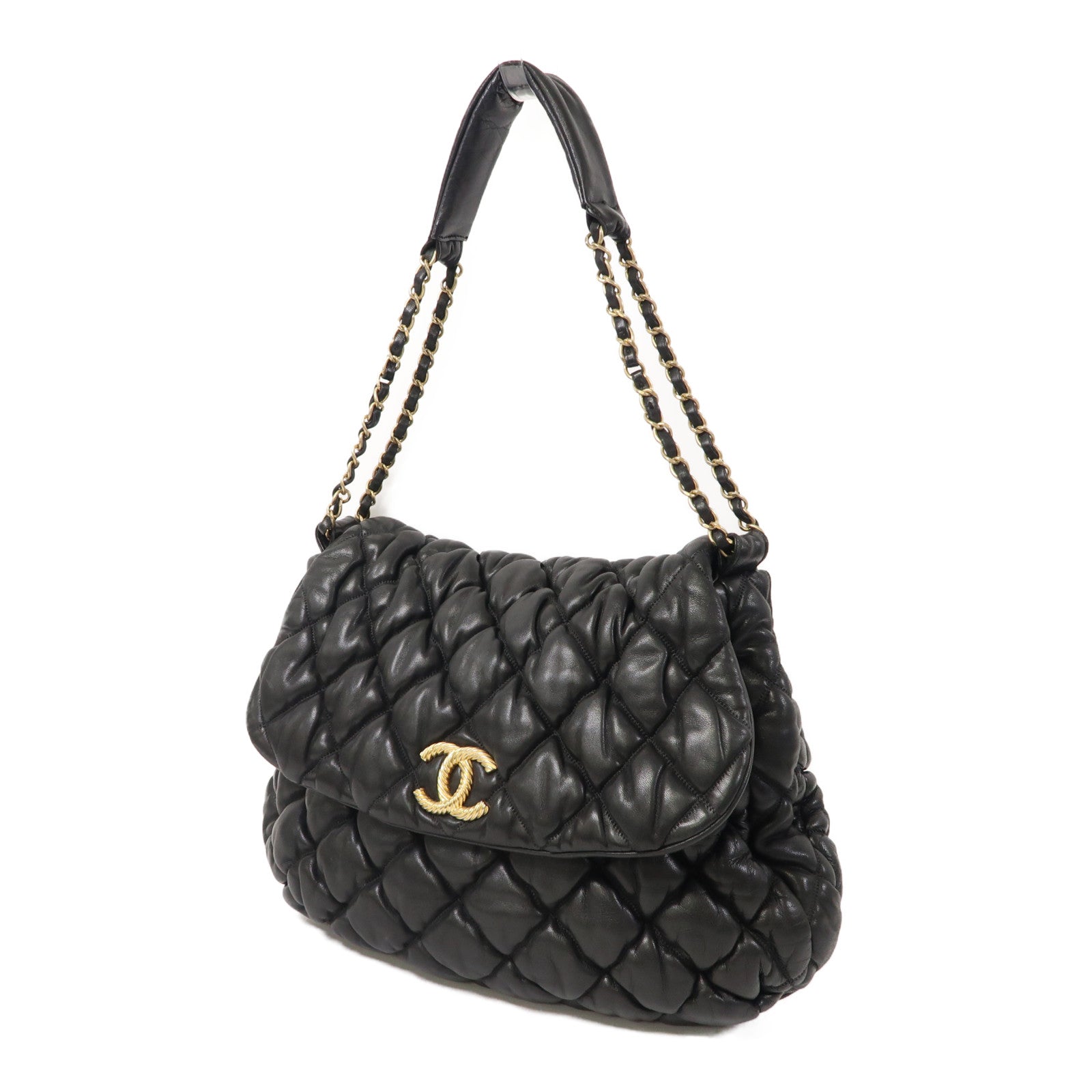 CHANEL 菱格牛皮皮革Chain Shoulder金扣鏈帶肩背袋黑色