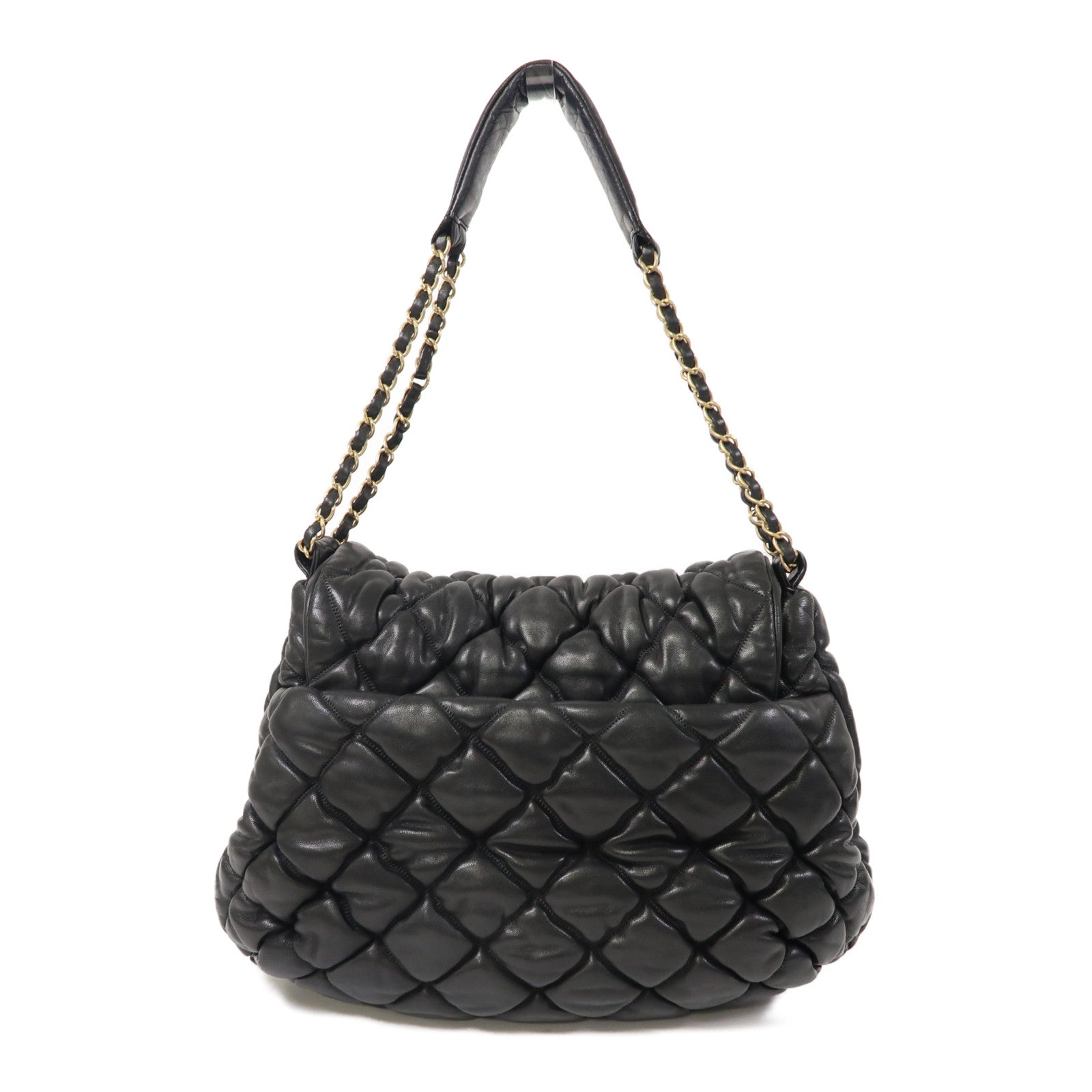 CHANEL 菱格牛皮皮革Chain Shoulder金扣鏈帶肩背袋黑色