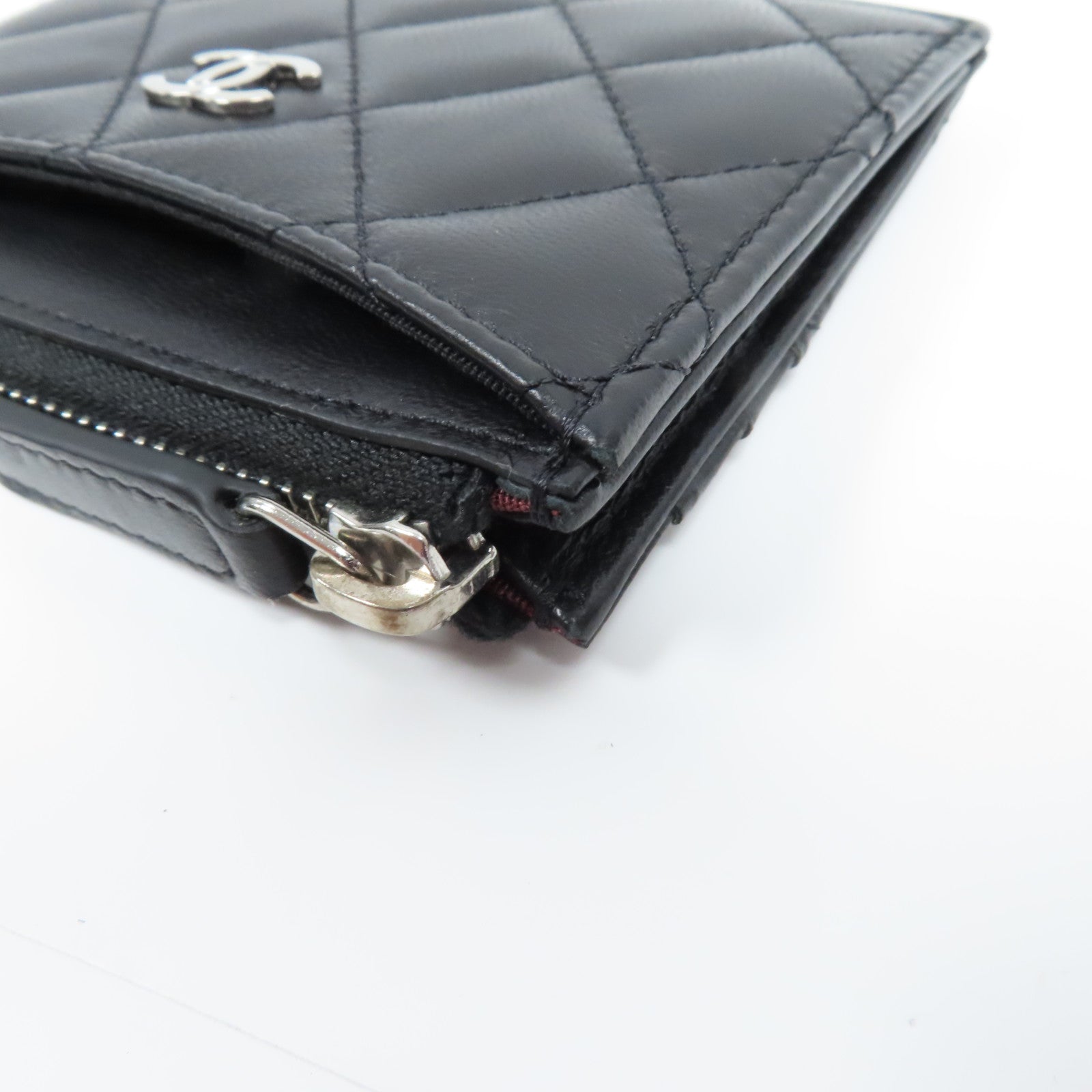 CHANEL 菱格羊皮皮革Card Case銀扣卡片套黑色