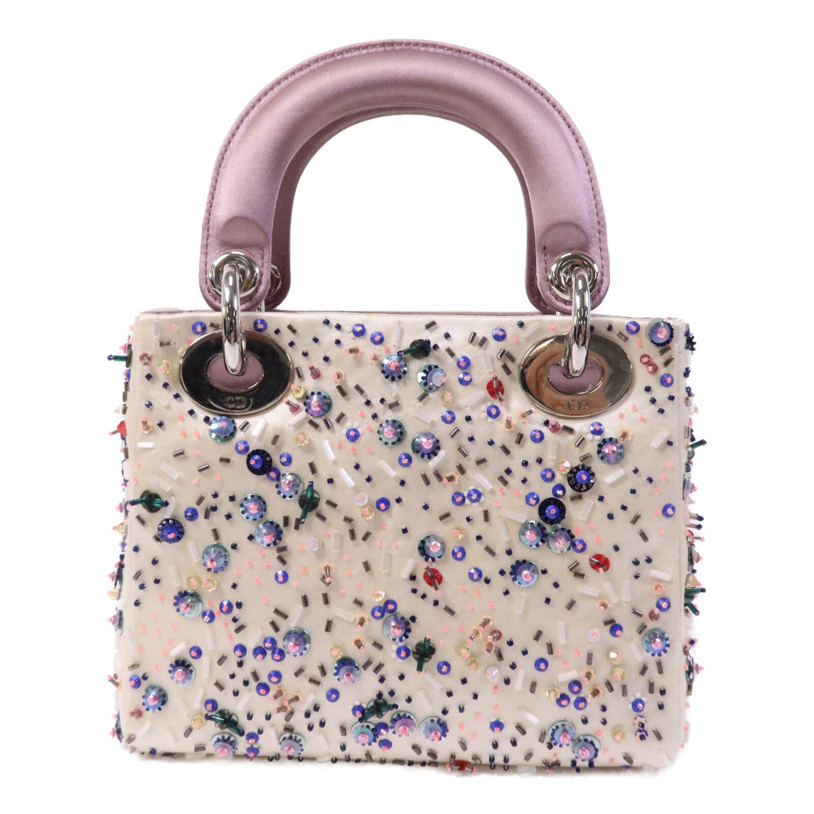 Dior 絨布/膠珠Mini Lady Dior銀扣手挽袋