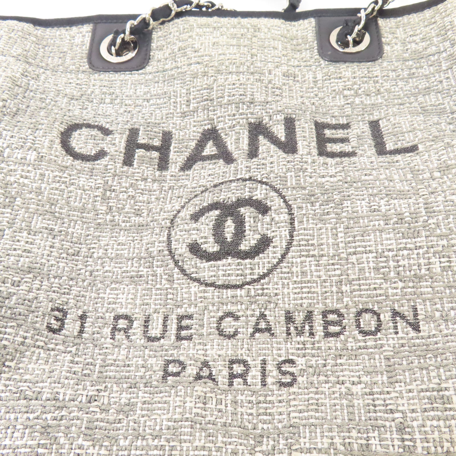 CHANEL 帆布Deauville Tote Bag銀扣肩背袋