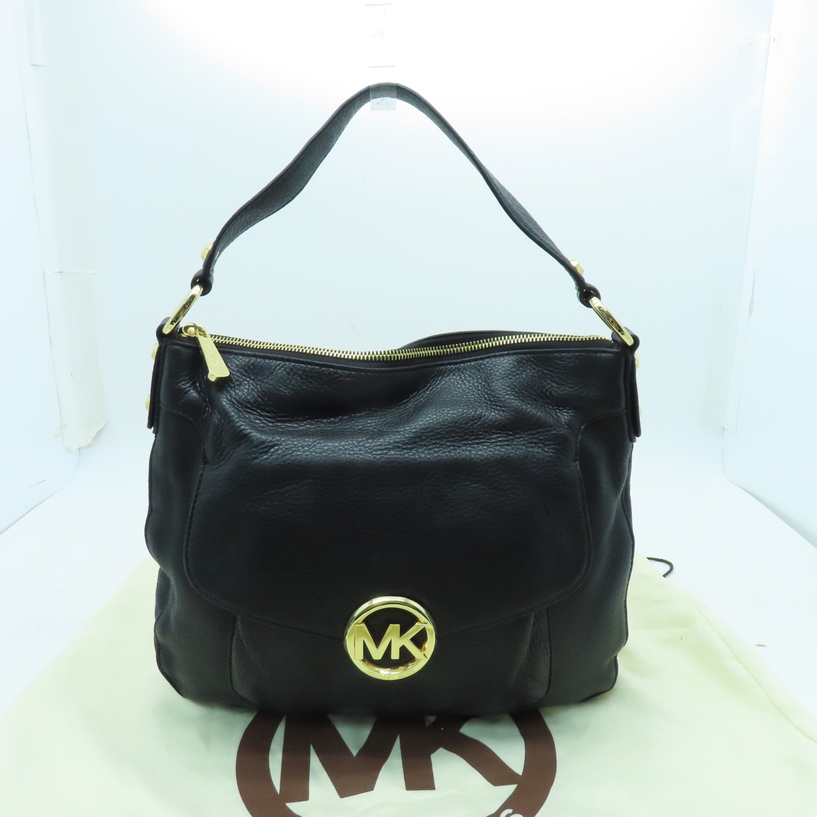 Michael Kors Leather Shoulder Bag Gold Buckle Black
