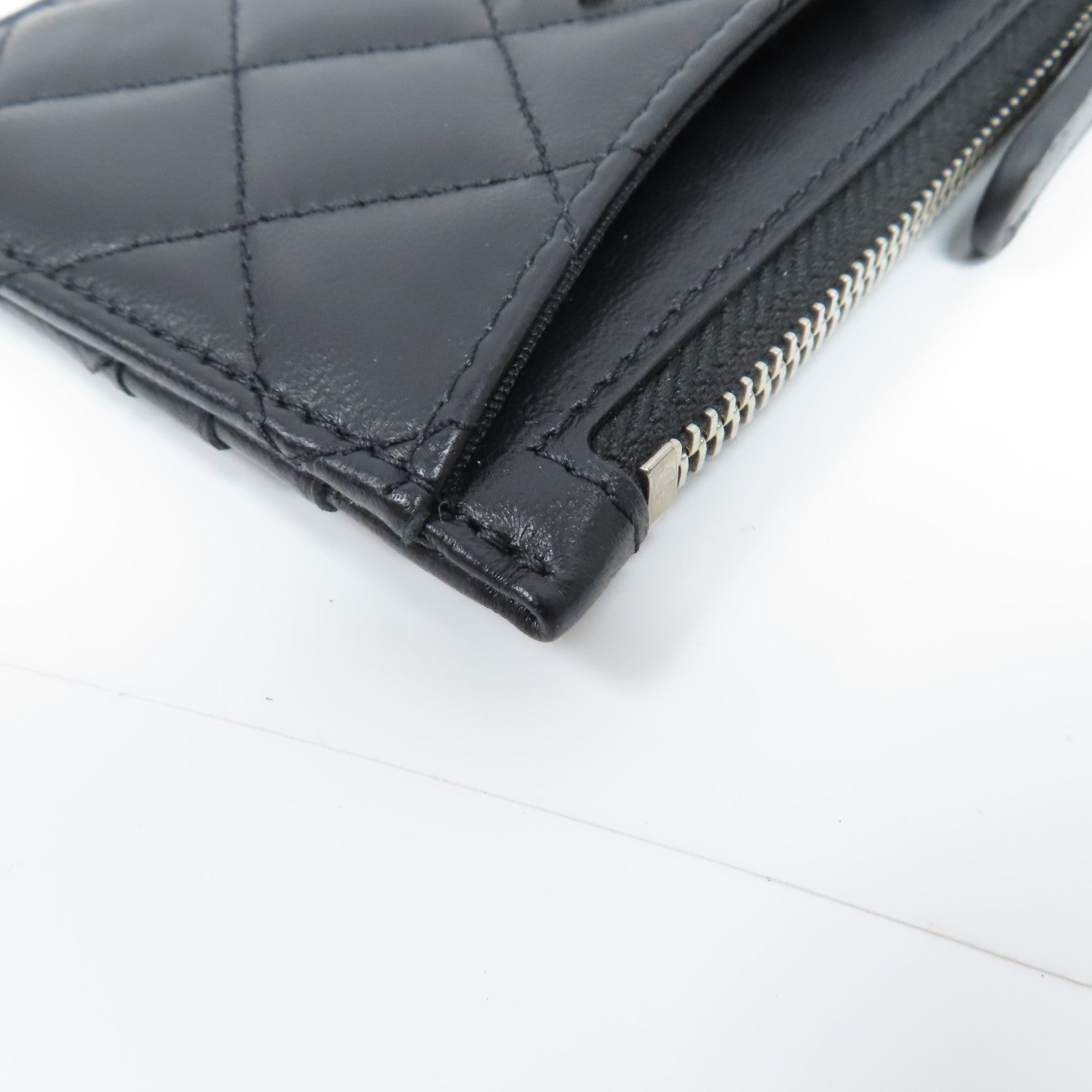 CHANEL 菱格羊皮皮革Card Case銀扣卡片套黑色