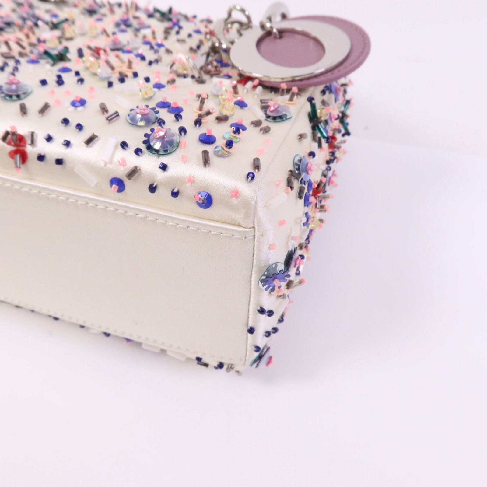 Dior 絨布/膠珠Mini Lady Dior銀扣手挽袋