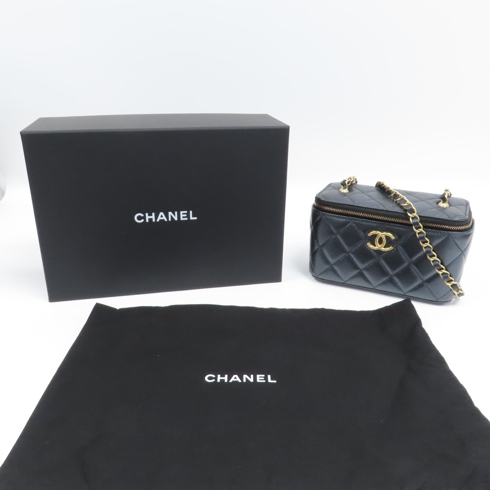 CHANEL 【激減優惠】菱格Caviar皮革Small Vanity Case金扣鏈帶肩背袋深藍色