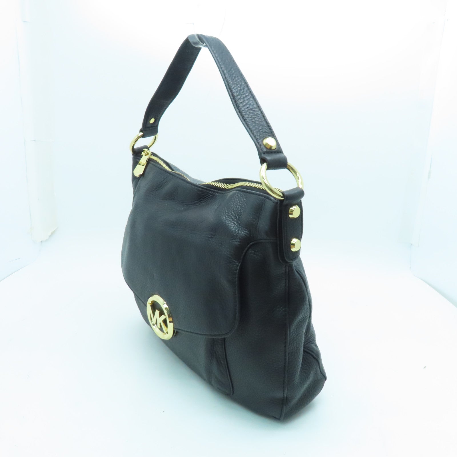 Michael Kors Leather Shoulder Bag Gold Buckle Black