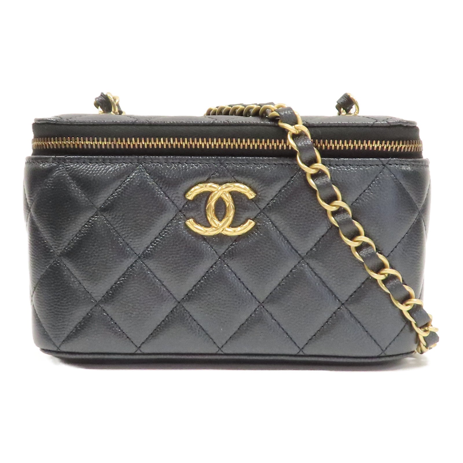 CHANEL 【激減優惠】菱格Caviar皮革Small Vanity Case金扣鏈帶肩背袋深藍色