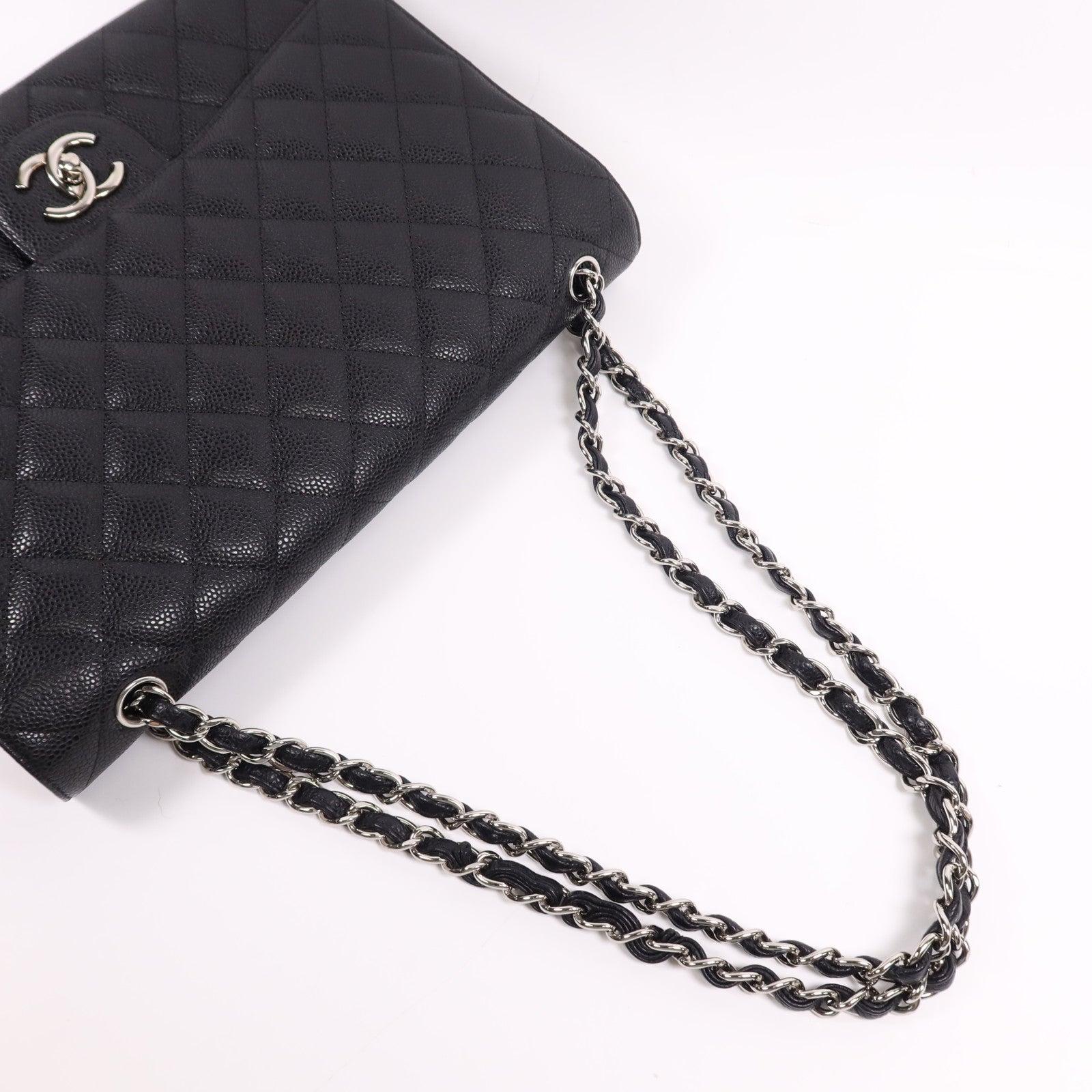CHANEL 牛皮皮革Maxi Classic銀扣鏈帶肩背袋