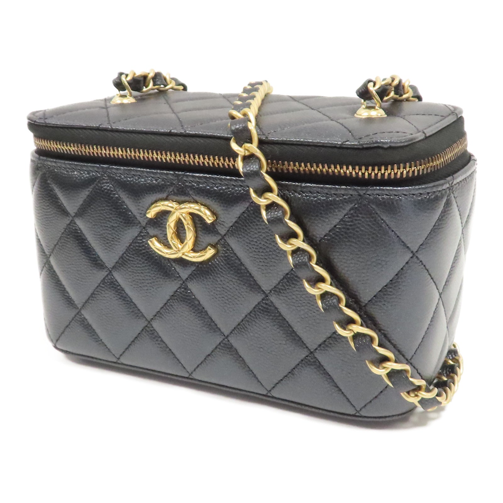 CHANEL 【激減優惠】菱格Caviar皮革Small Vanity Case金扣鏈帶肩背袋深藍色