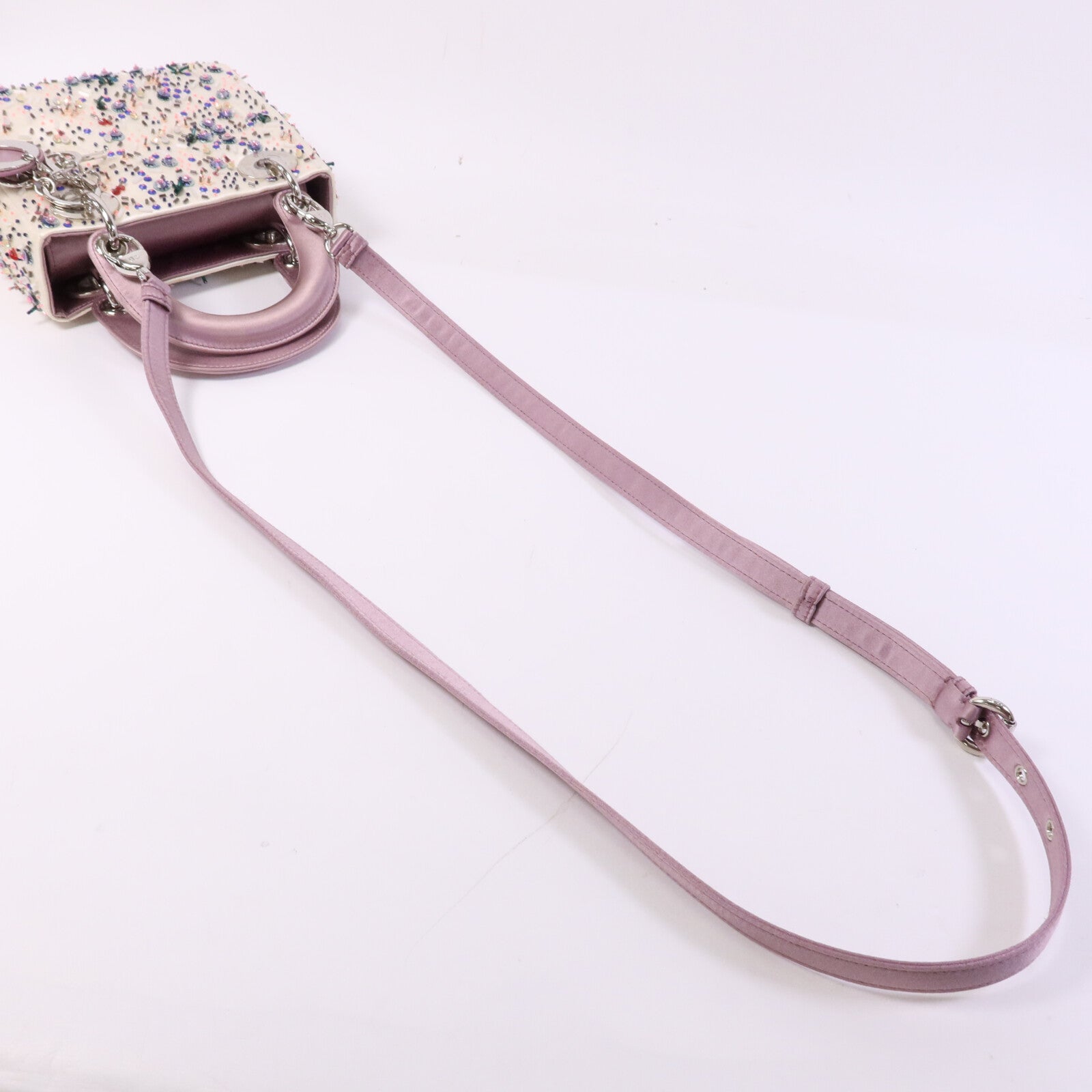 Dior 絨布/膠珠Mini Lady Dior銀扣手挽袋