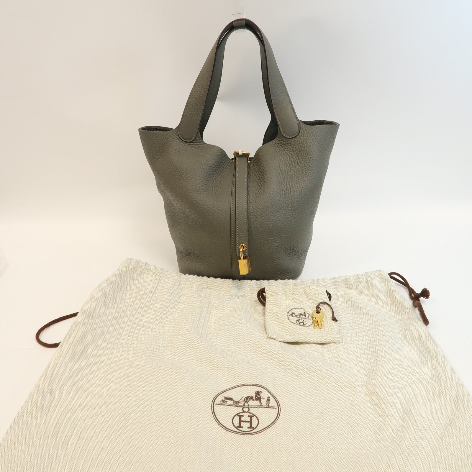 HERMES Clemence皮革Picotin MM金扣手挽袋Gris Meyer/灰色