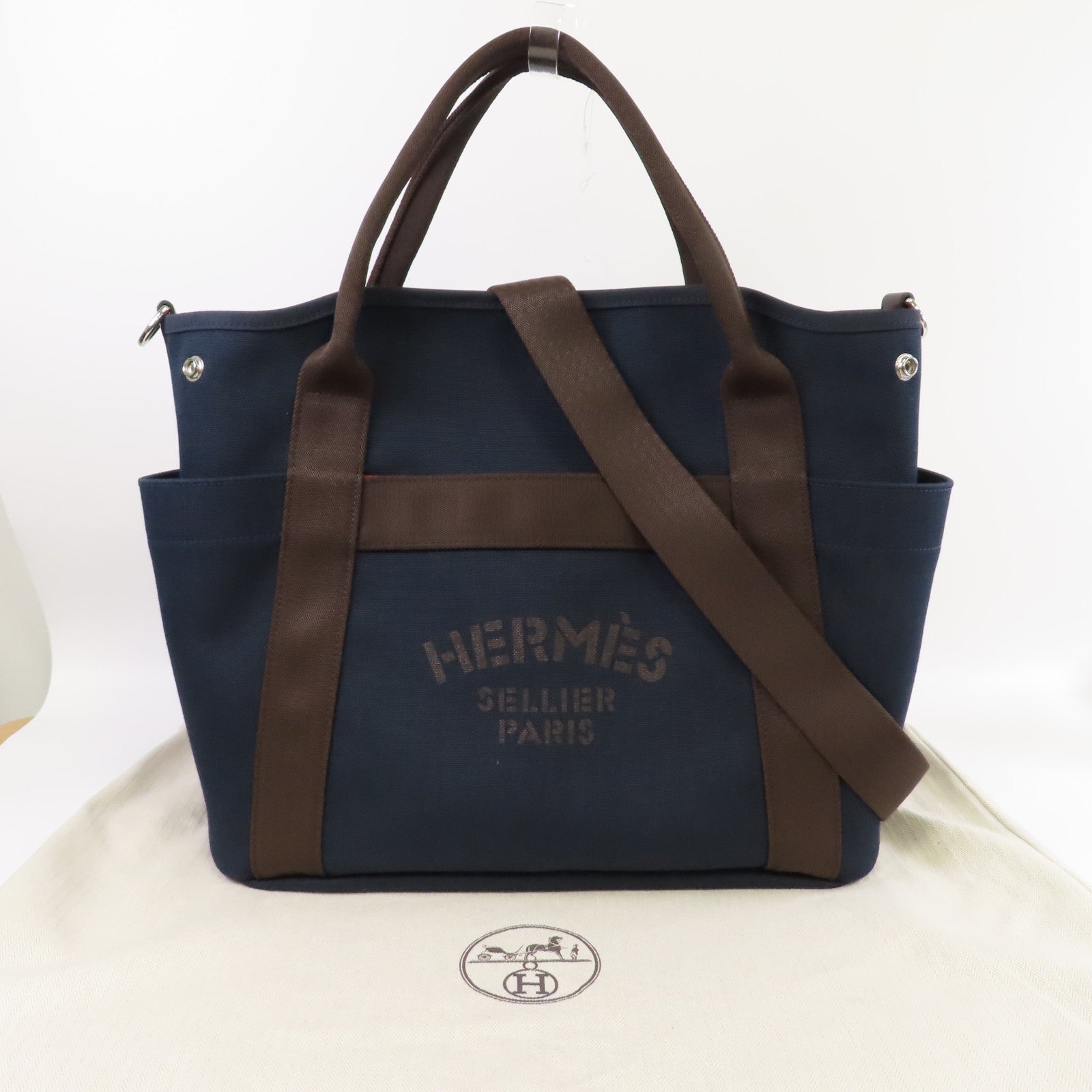 HERMES 帆布Sac De Pansage Groom銀扣手挽肩背兩用袋靛藍色