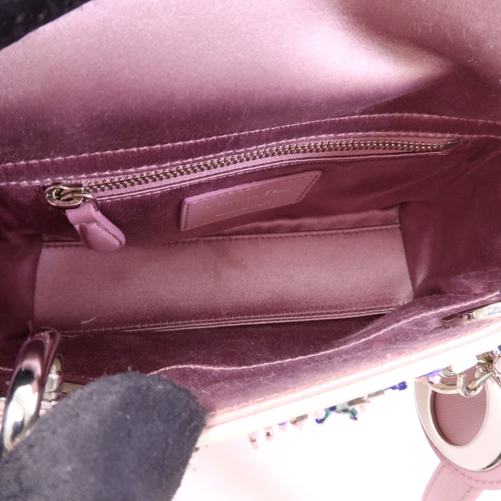 Dior 絨布/膠珠Mini Lady Dior銀扣手挽袋