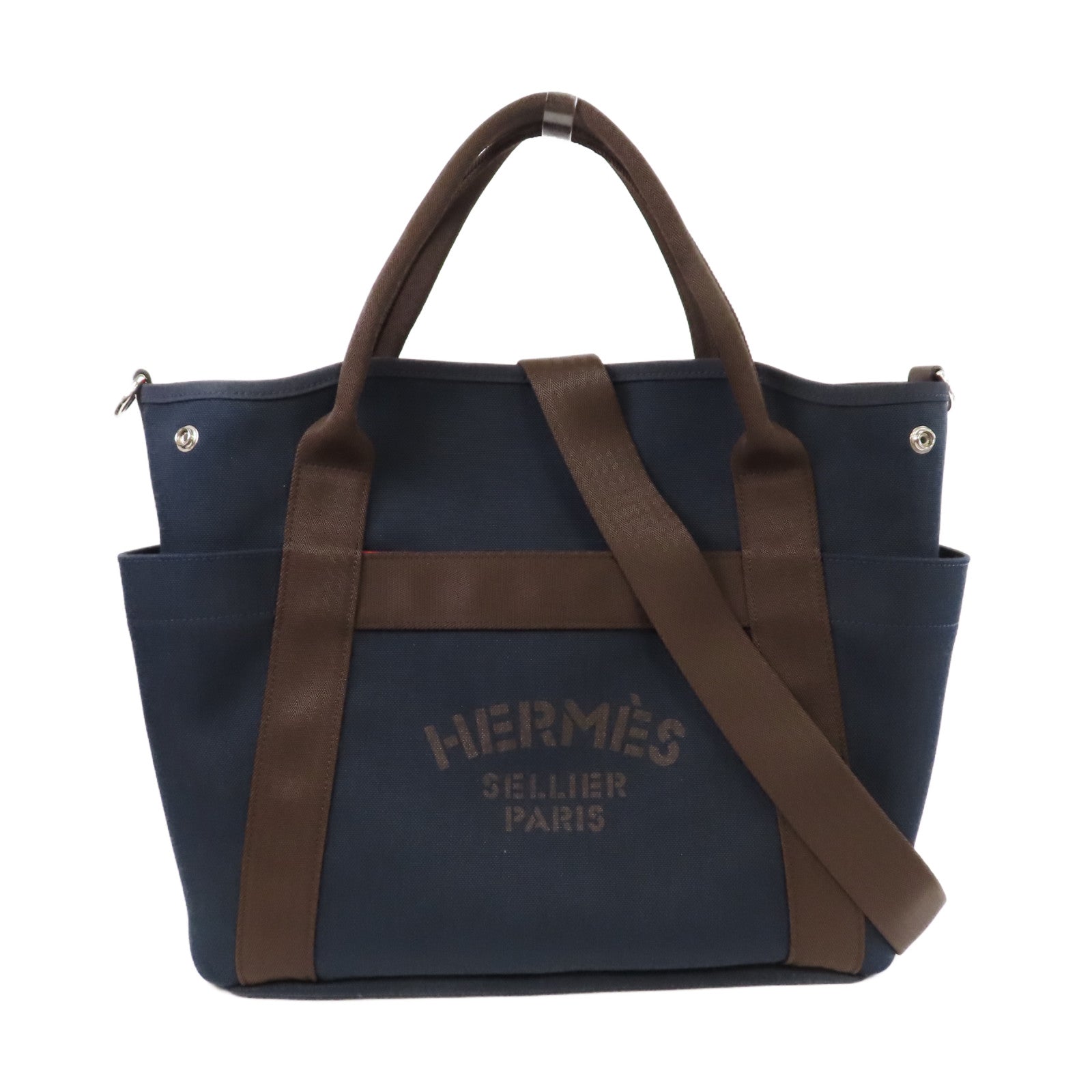 HERMES 帆布Sac De Pansage Groom銀扣手挽肩背兩用袋靛藍色