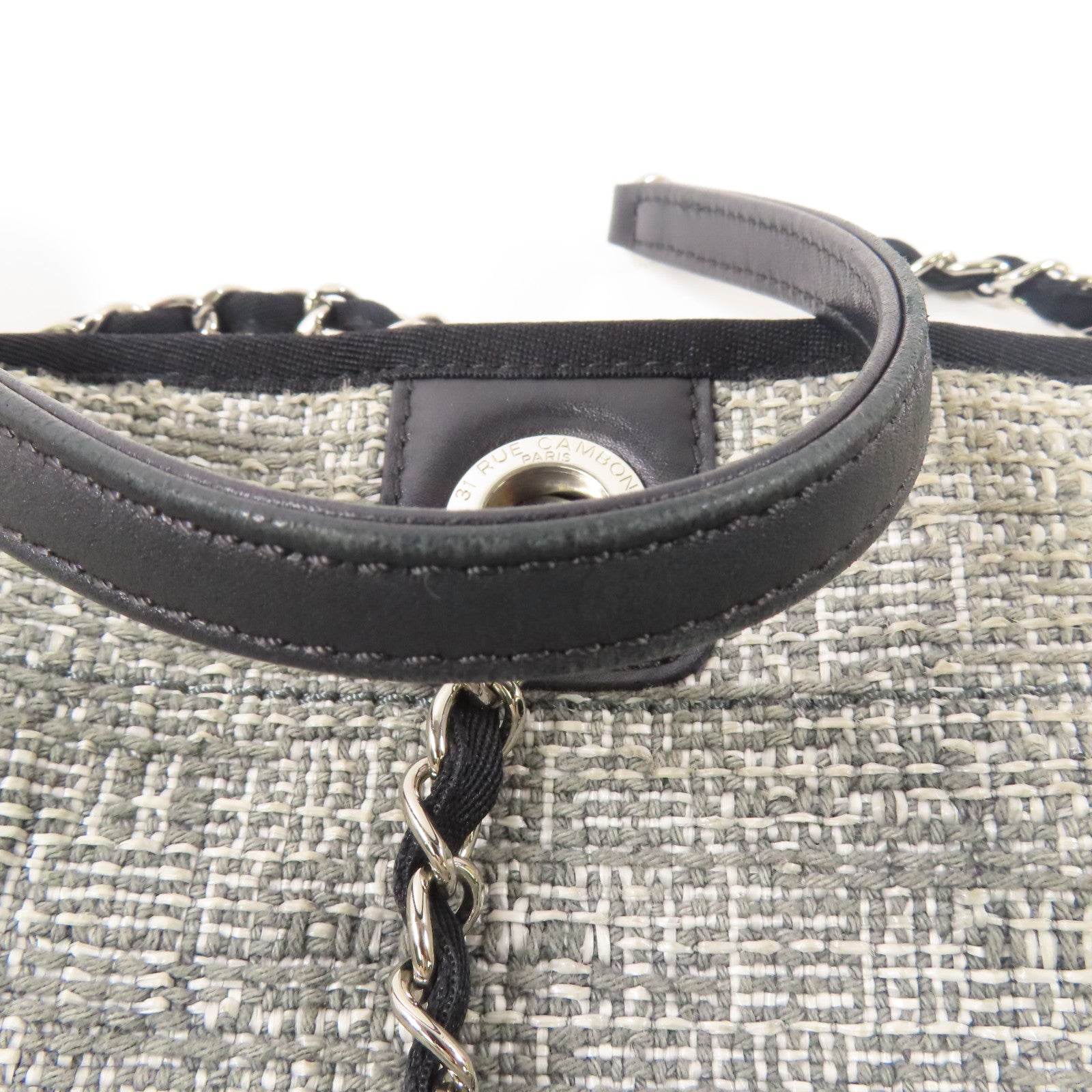 CHANEL 帆布Deauville Tote Bag銀扣肩背袋