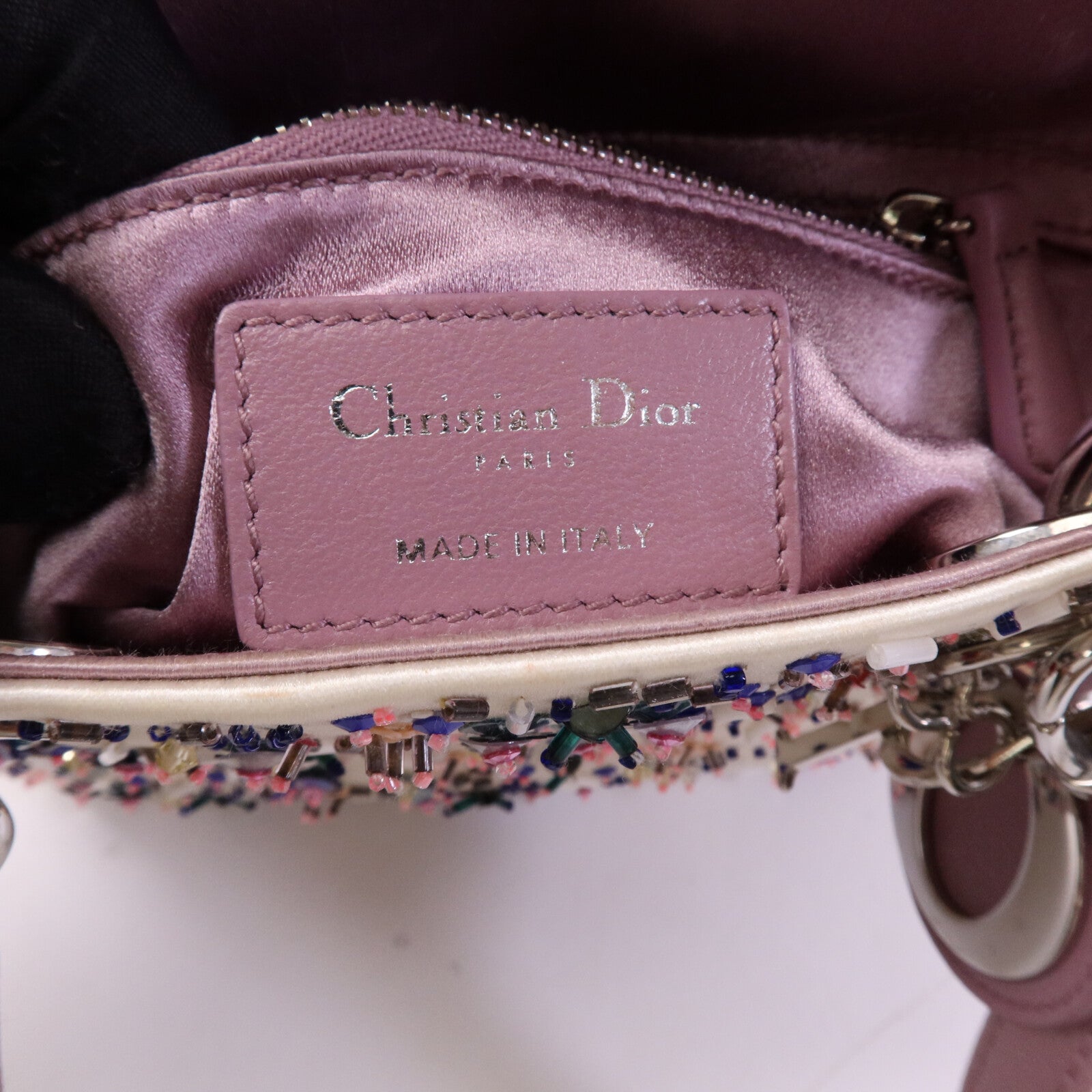 Dior 絨布/膠珠Mini Lady Dior銀扣手挽袋
