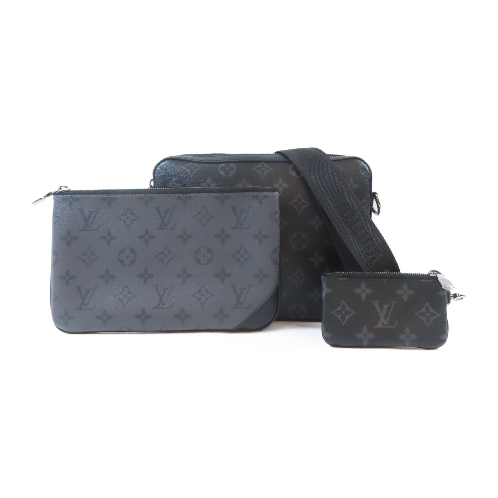 LOUIS VUITTON Monogram Eclipse Reverse Trio Messenger銀扣肩背袋黑色