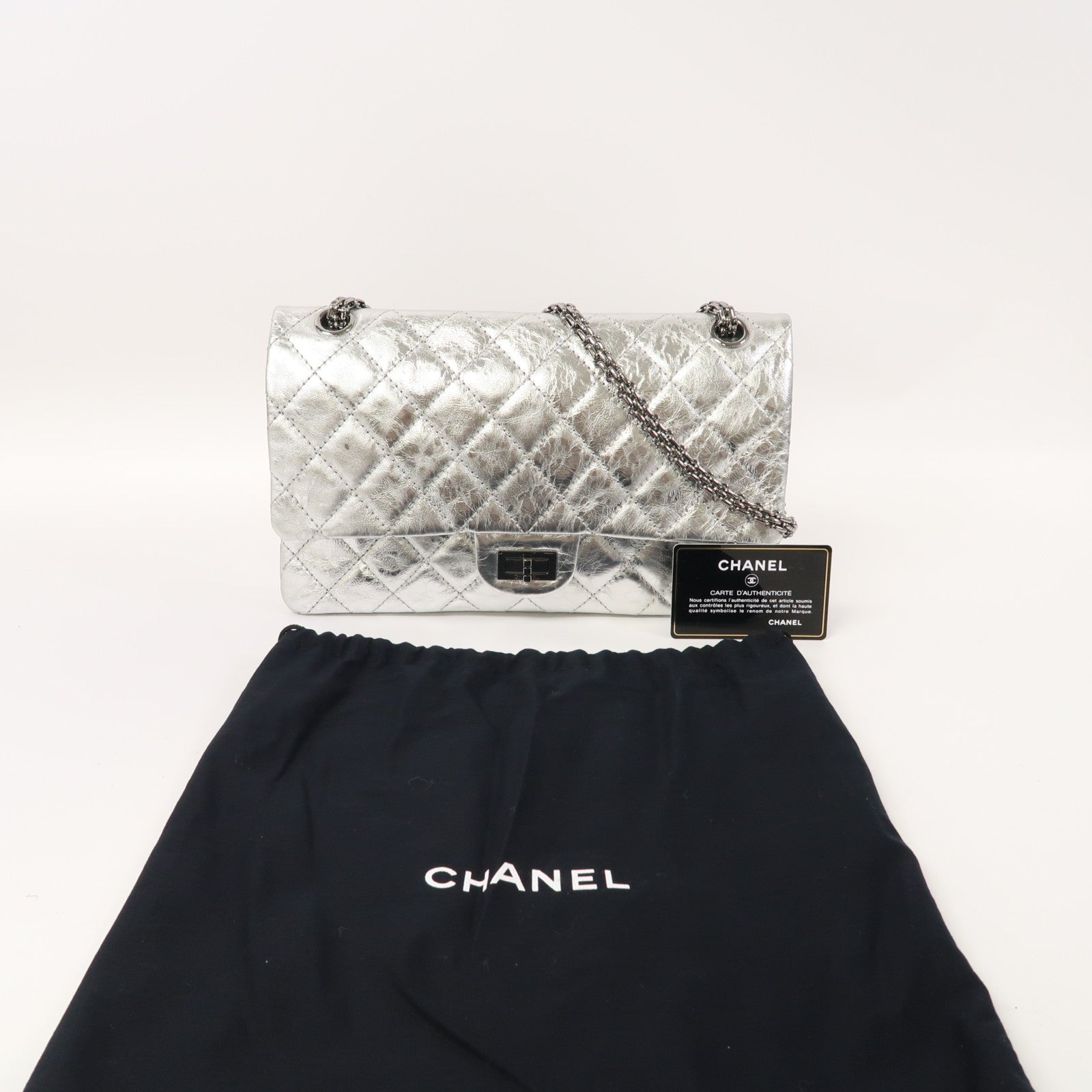 CHANEL 【清倉大減價】菱格牛皮皮革2.55 Chain Shoulder銀扣鏈帶肩背袋銀色