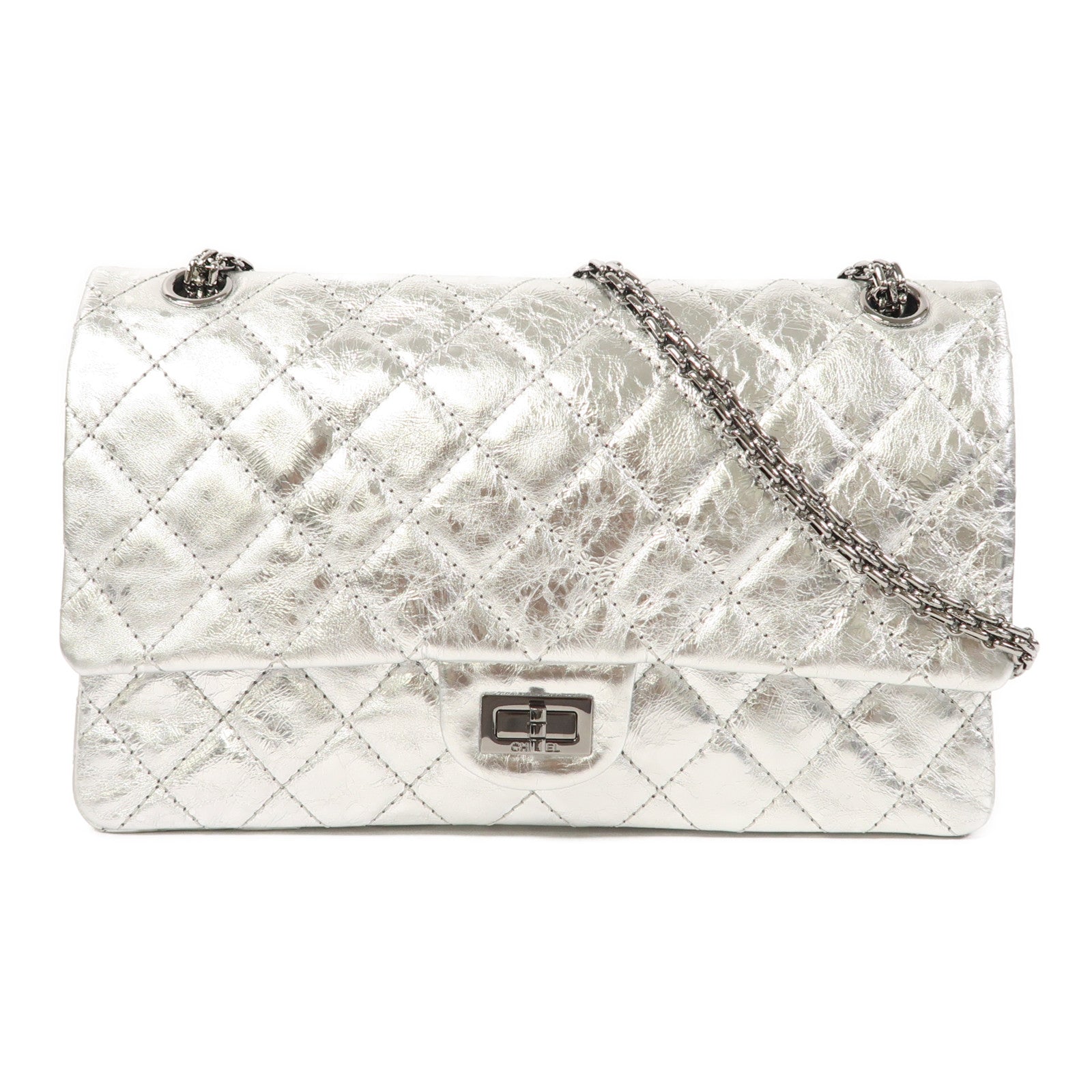 CHANEL 【清倉大減價】菱格牛皮皮革2.55 Chain Shoulder銀扣鏈帶肩背袋銀色