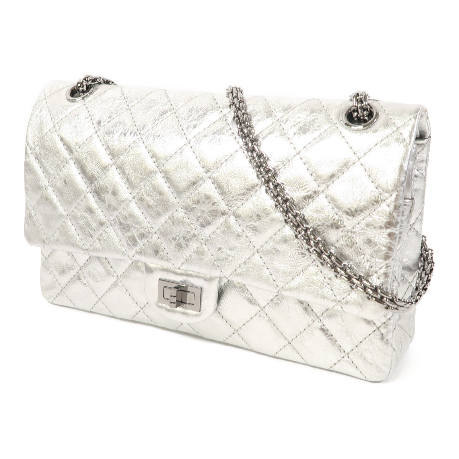 CHANEL 【清倉大減價】菱格牛皮皮革2.55 Chain Shoulder銀扣鏈帶肩背袋銀色