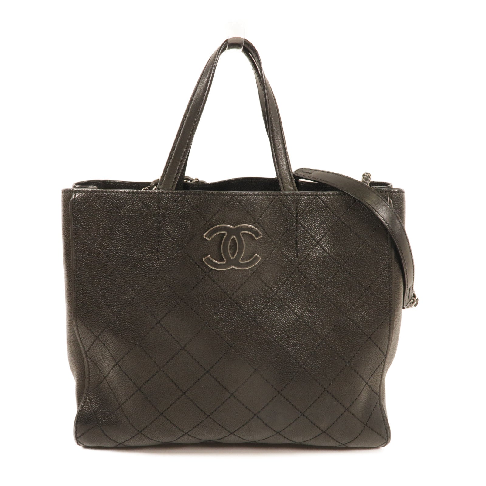 CHANEL 牛皮皮革2Way Shoulder銀扣手挽肩背兩用袋