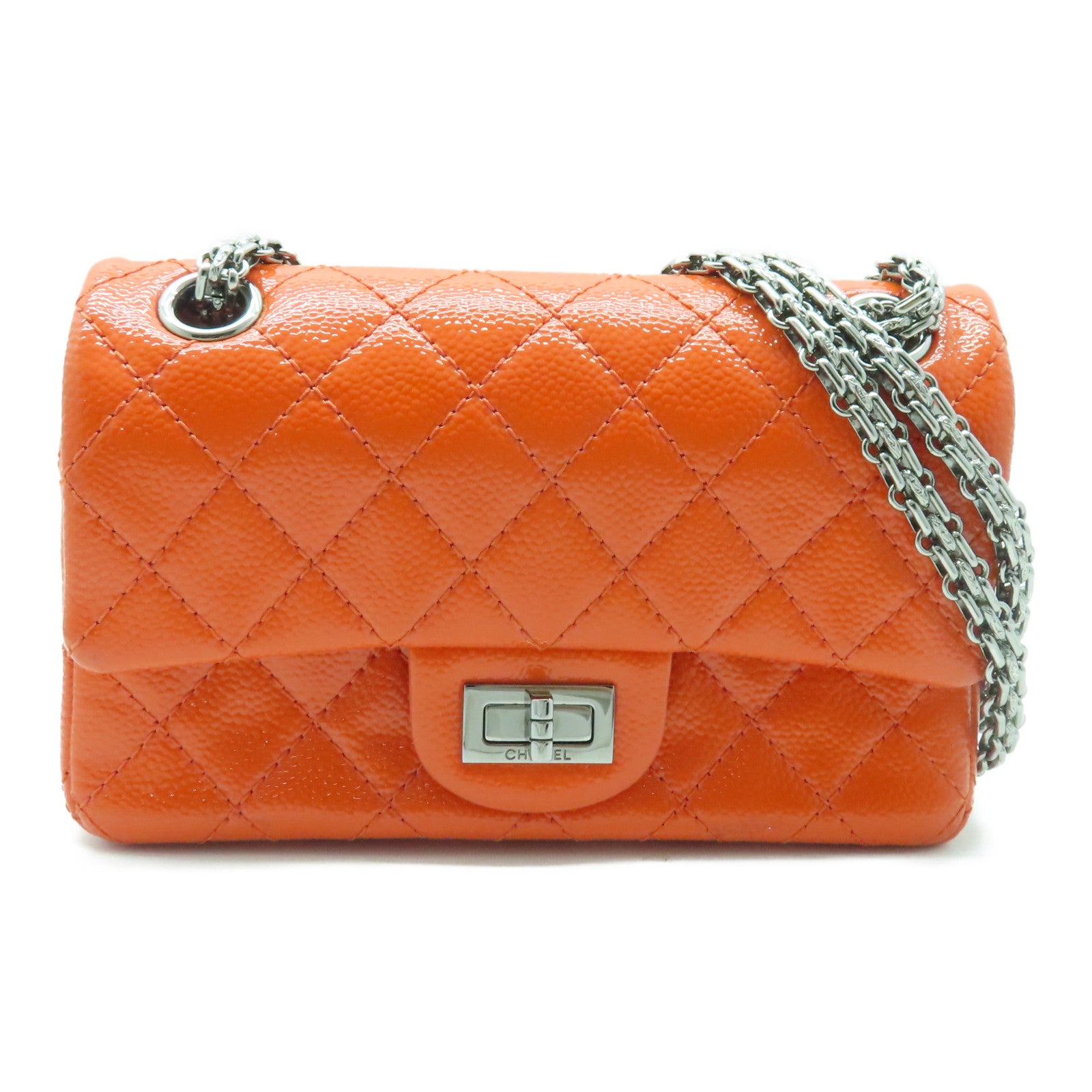 CHANEL 菱格漆皮皮革2.55 Chain Shoulder Bag银扣链带肩背袋橙色
