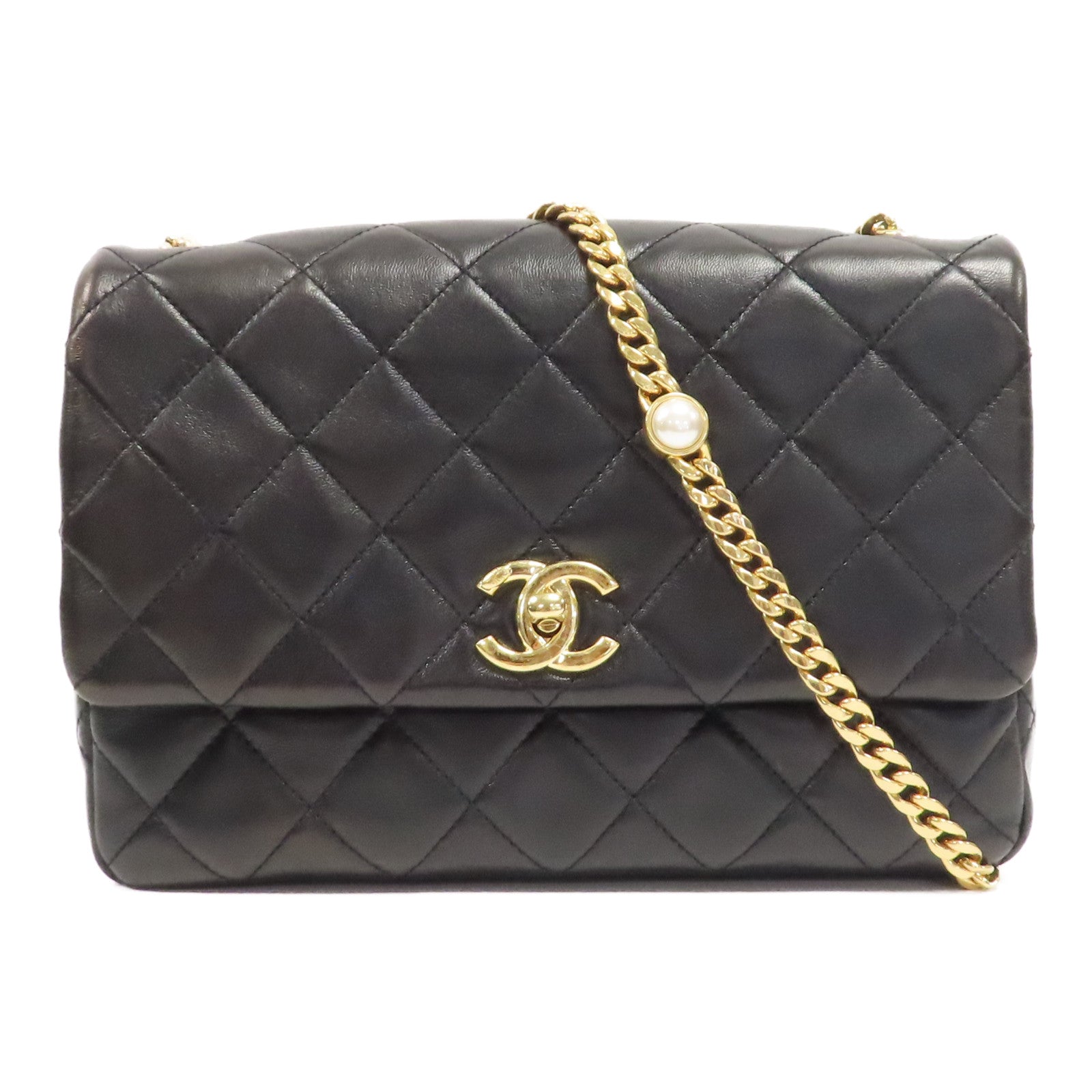 CHANEL 菱格羊皮皮革Chain Shoulder金扣鏈帶肩背袋黑色