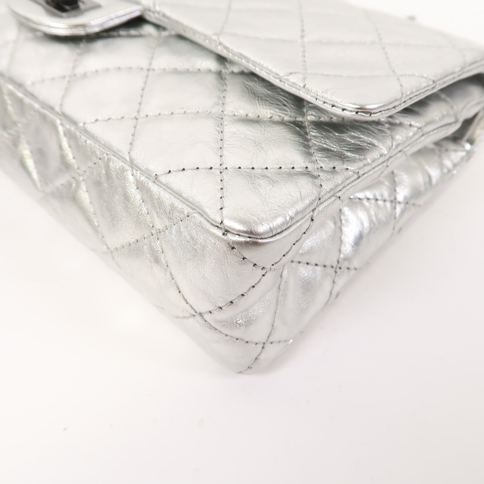 CHANEL 【清倉大減價】菱格牛皮皮革2.55 Chain Shoulder銀扣鏈帶肩背袋銀色