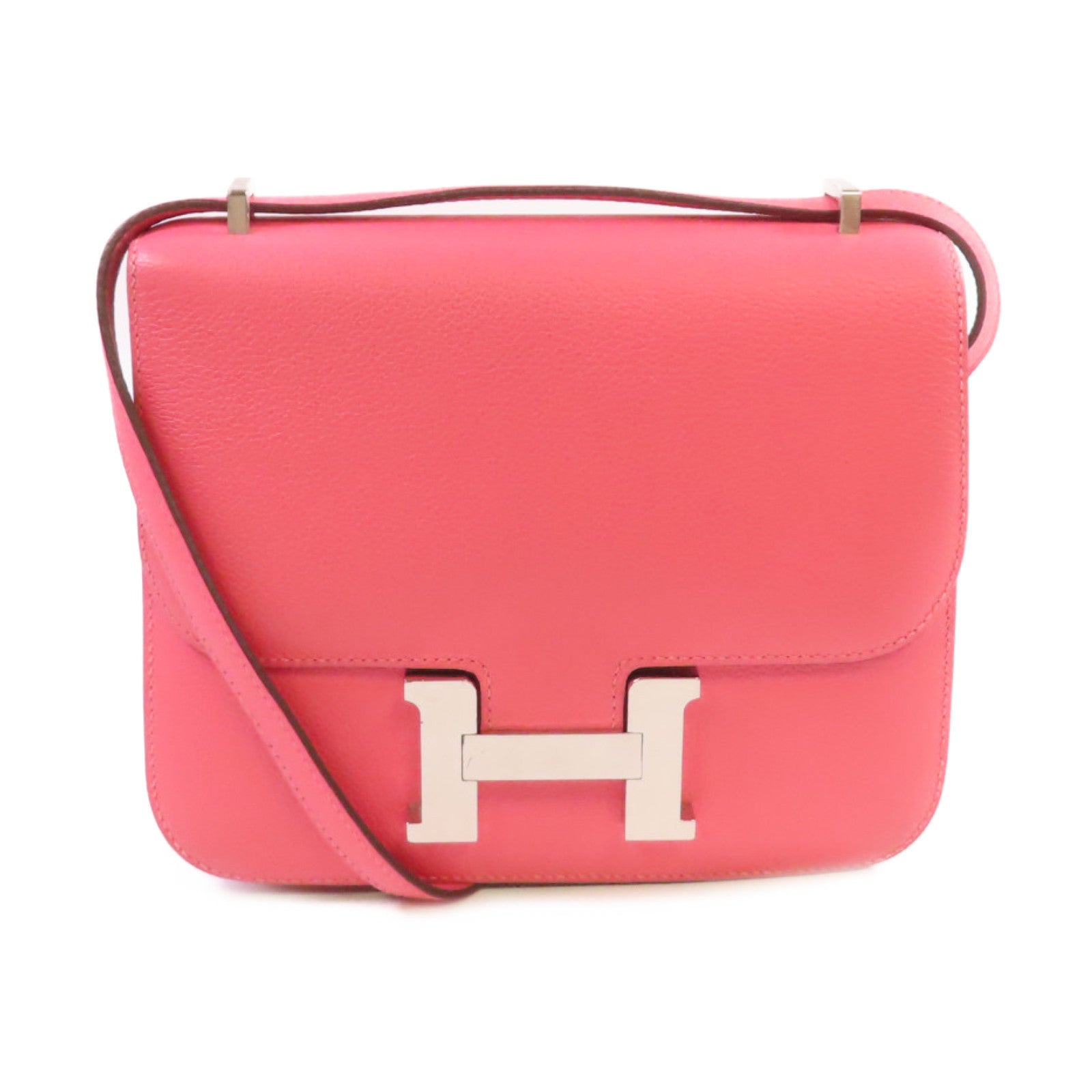 HERMES 【激減優惠】Evercolor皮革Mini Constance Shoulder Bag銀扣肩背袋玫瑰杜鵑粉色/李子色