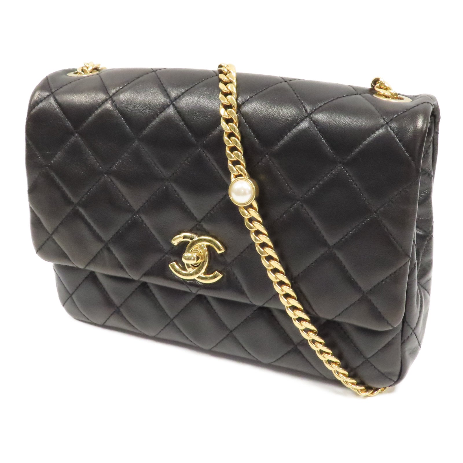 CHANEL 菱格羊皮皮革Chain Shoulder金扣鏈帶肩背袋黑色