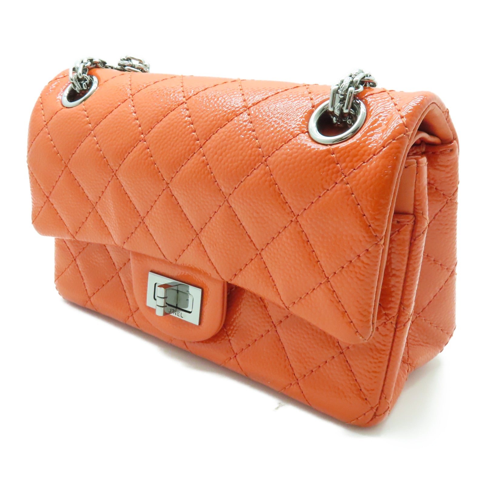 CHANEL 菱格漆皮皮革2.55 Chain Shoulder Bag银扣链带肩背袋橙色