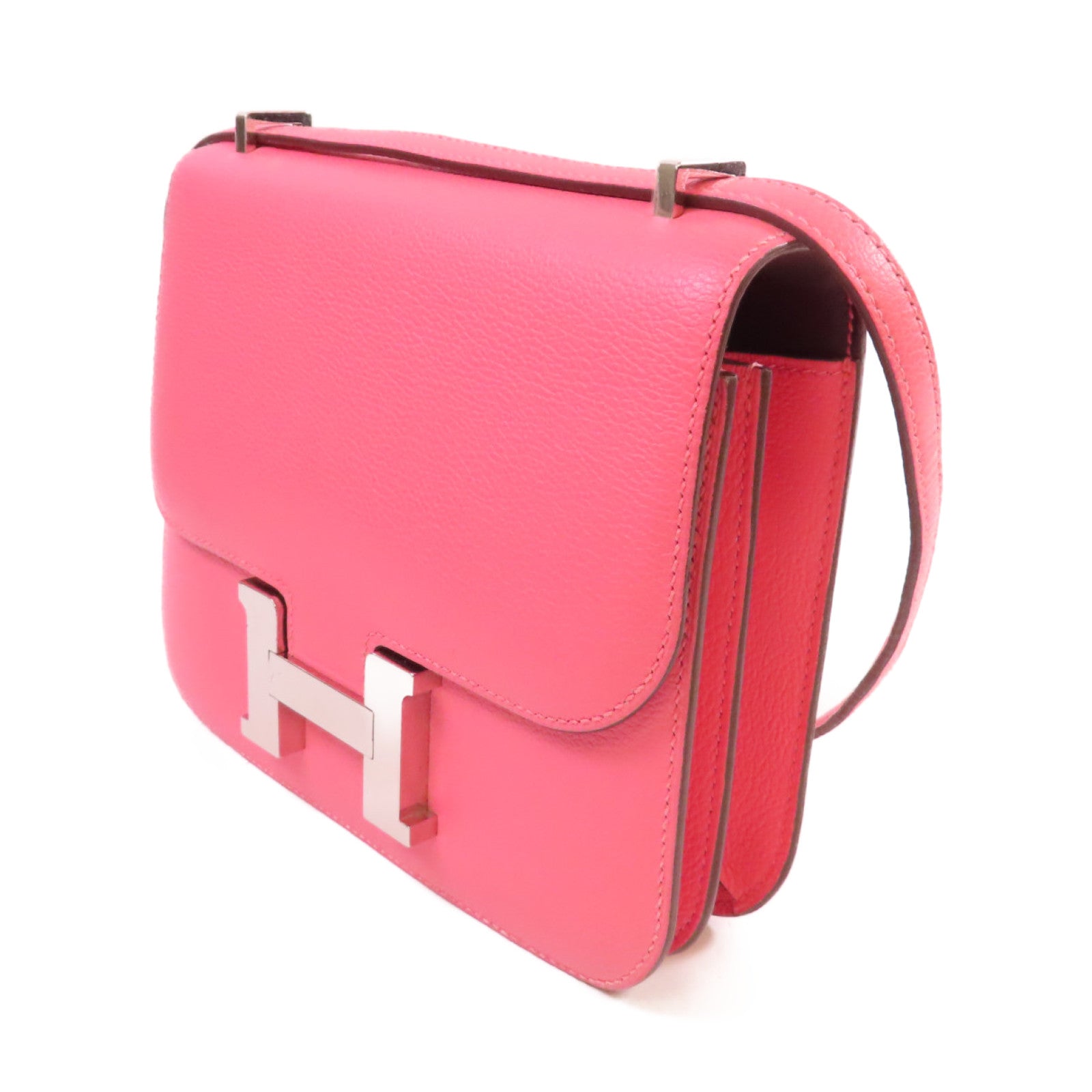 HERMES 【激減優惠】Evercolor皮革Mini Constance Shoulder Bag銀扣肩背袋玫瑰杜鵑粉色/李子色