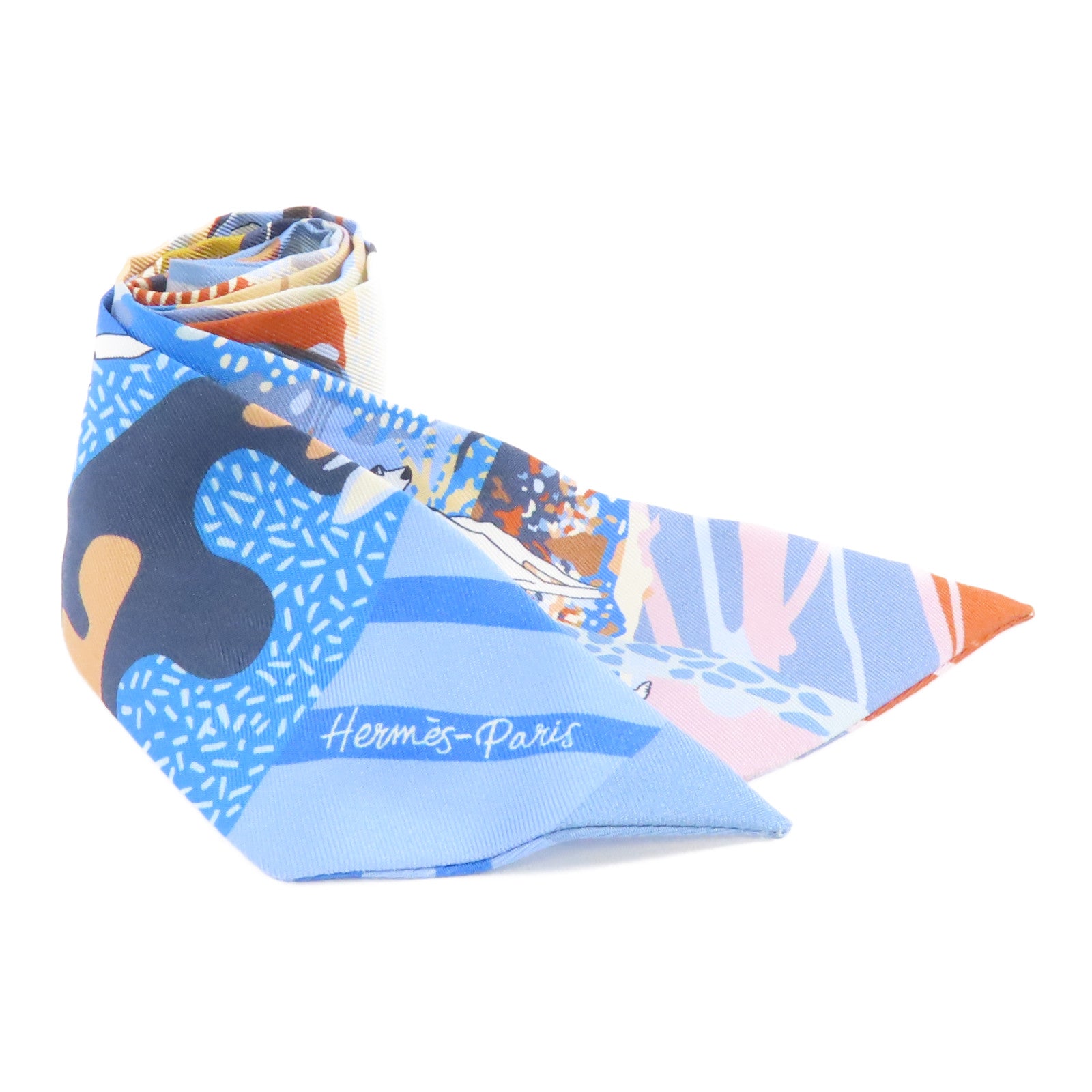 HERMES 絲質Twilly絲巾淺藍色/彩色