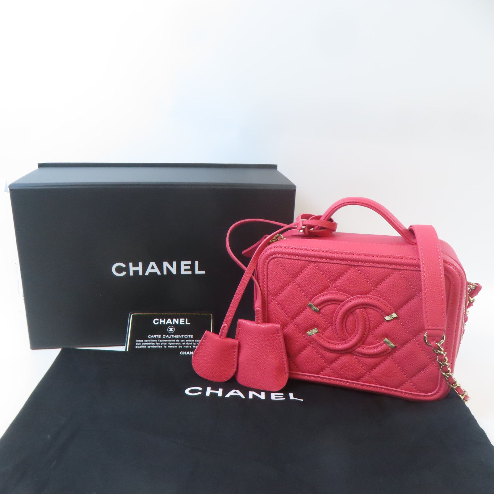 CHANEL 菱格Caviar皮革Vanity Case金扣手挽肩背兩用袋桃紅色