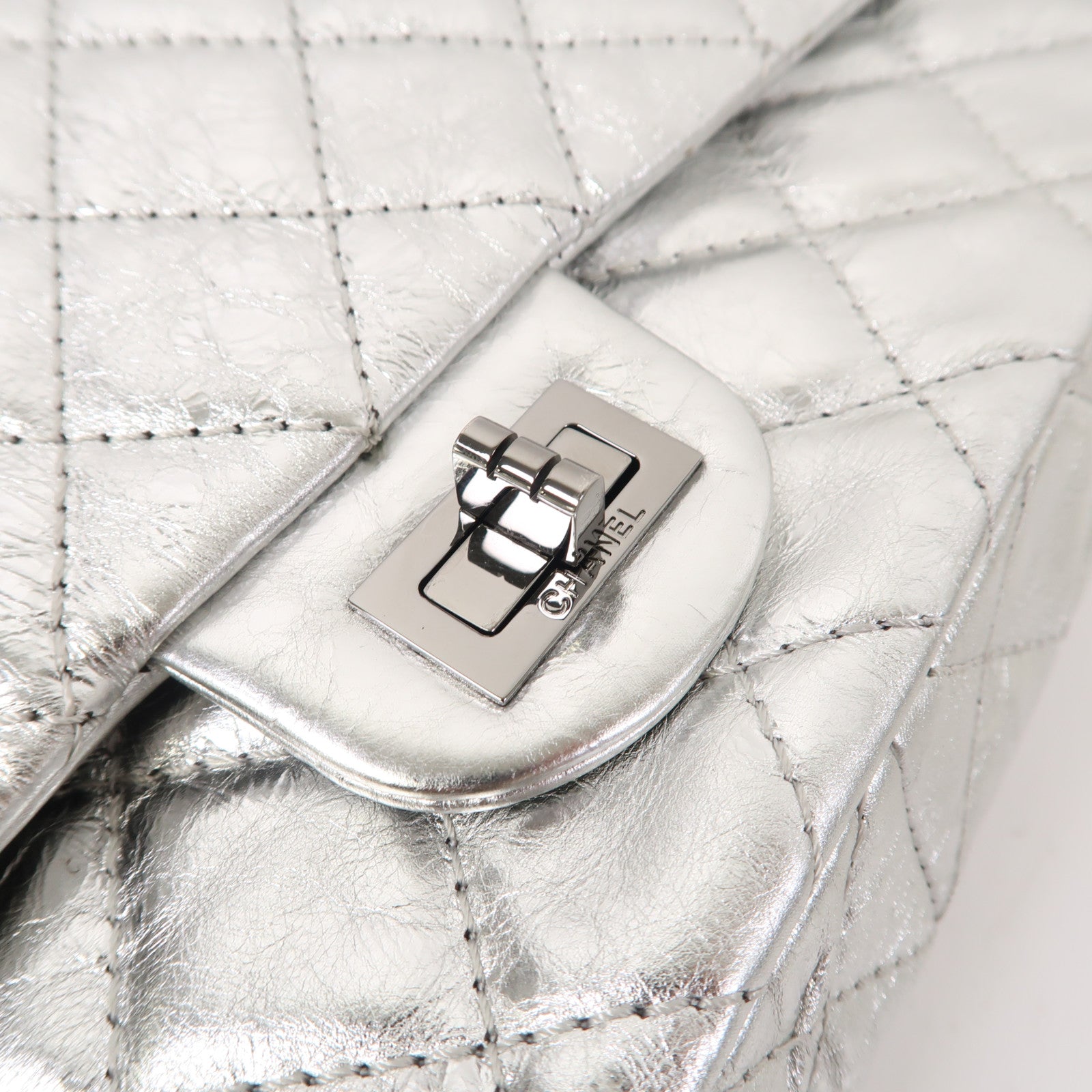 CHANEL 【清倉大減價】菱格牛皮皮革2.55 Chain Shoulder銀扣鏈帶肩背袋銀色