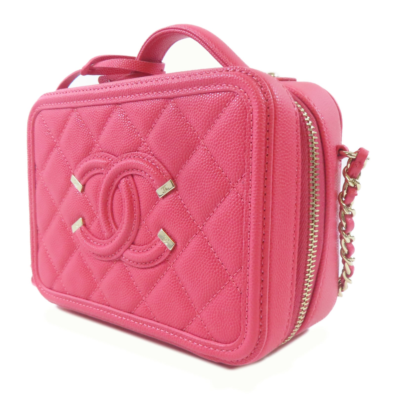 CHANEL 菱格Caviar皮革Vanity Case金扣手挽肩背兩用袋桃紅色