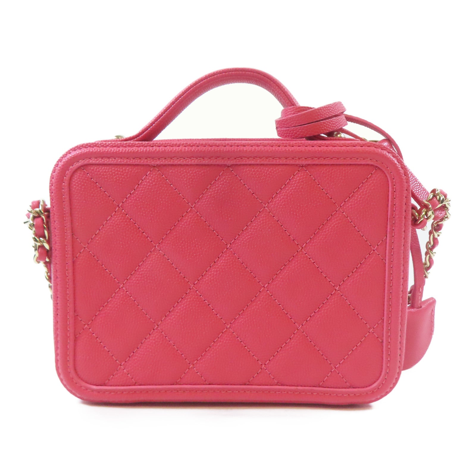CHANEL 菱格Caviar皮革Vanity Case金扣手挽肩背兩用袋桃紅色