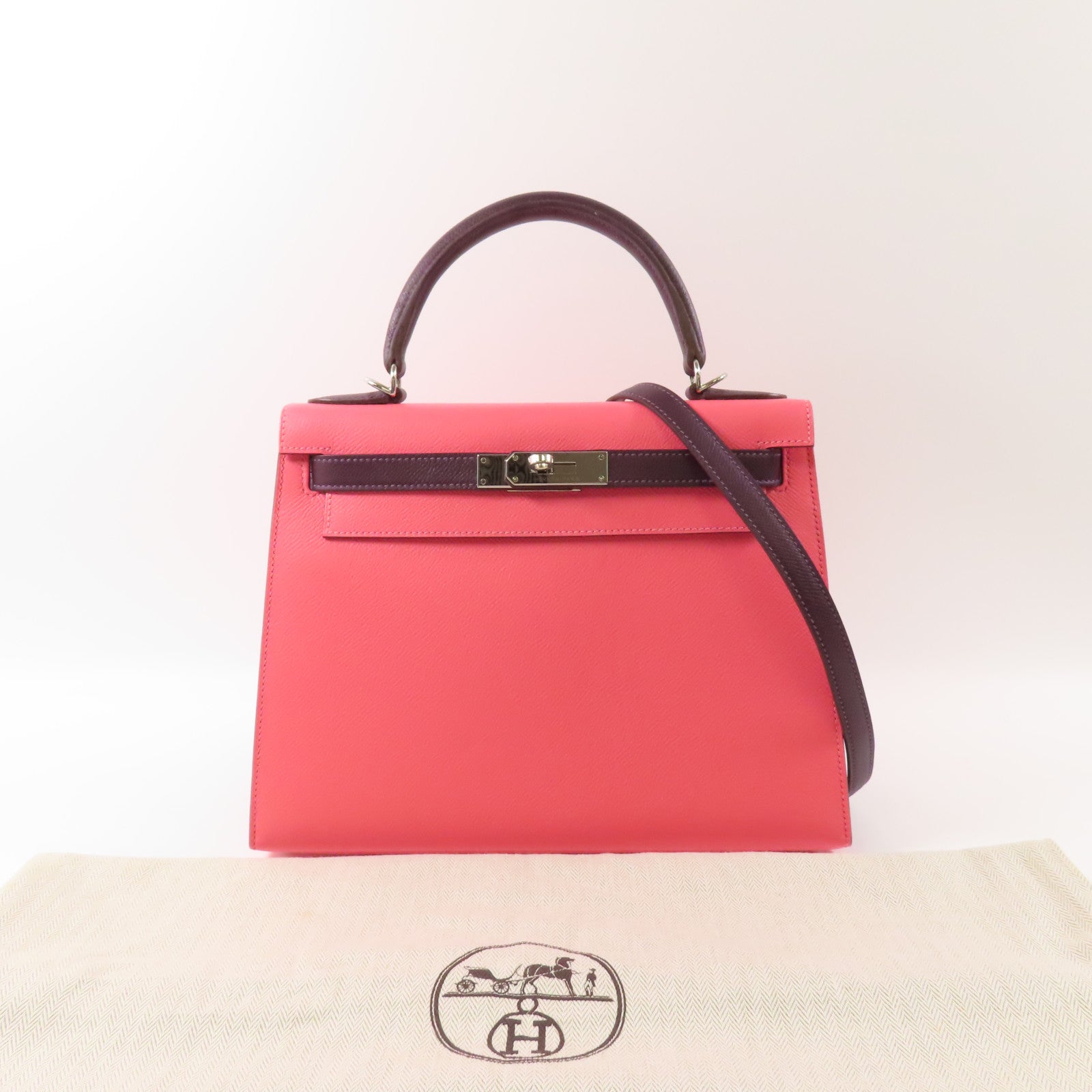 HERMES 【激減優惠】Epsom皮革Kelly 28銀扣手挽肩背兩用袋粉紅色/棕色