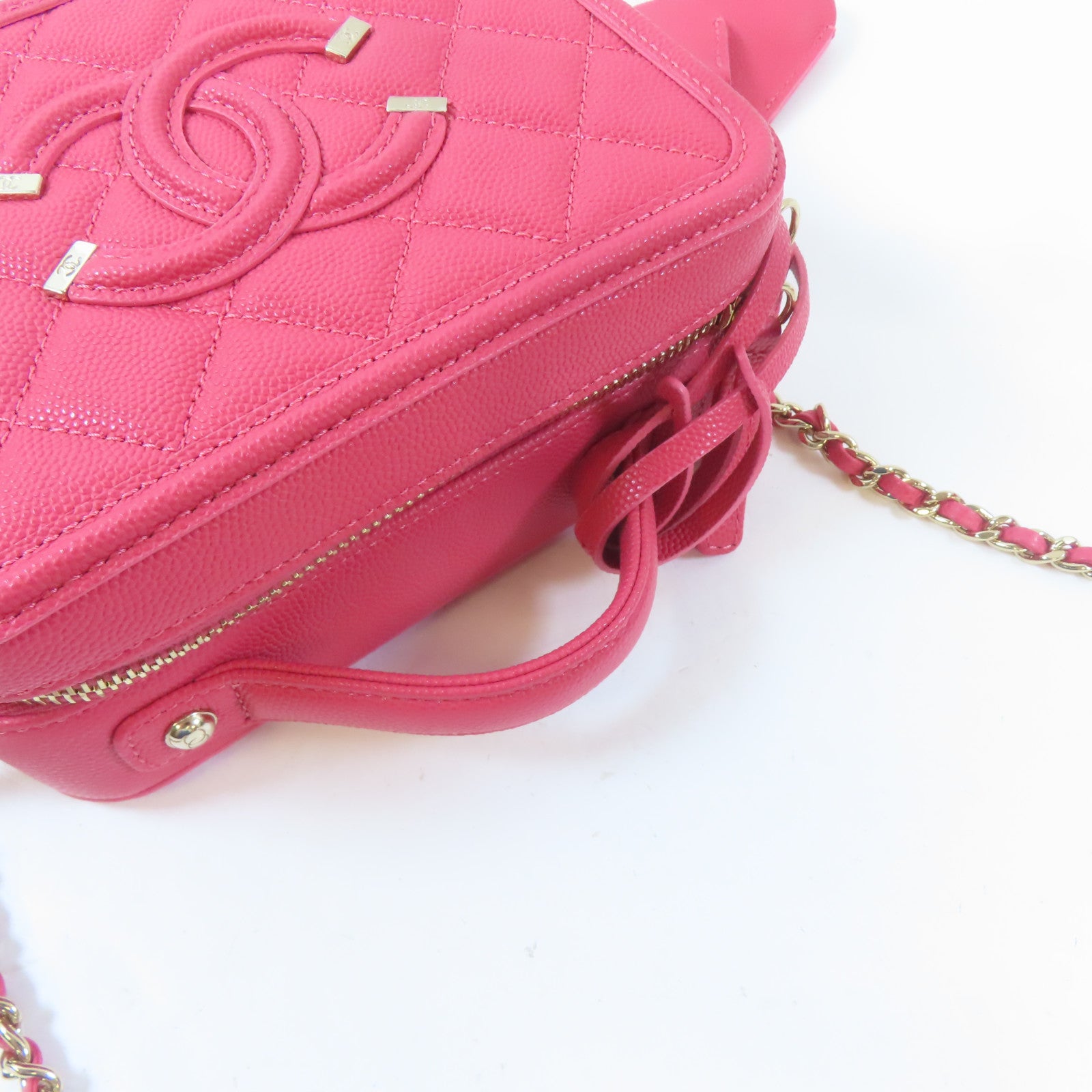 CHANEL 菱格Caviar皮革Vanity Case金扣手挽肩背兩用袋桃紅色