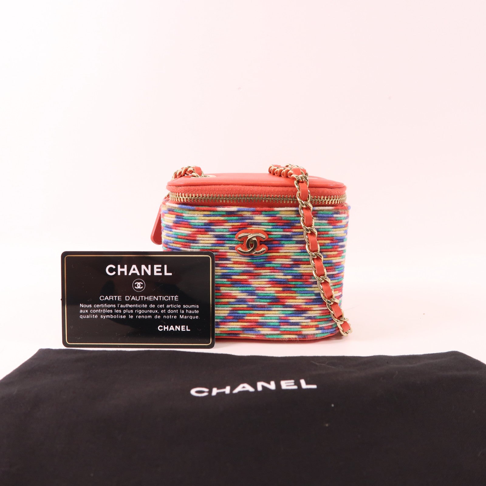 CHANEL 紡織布料/羊皮皮革Mini Vanity Case金扣鏈帶肩背袋