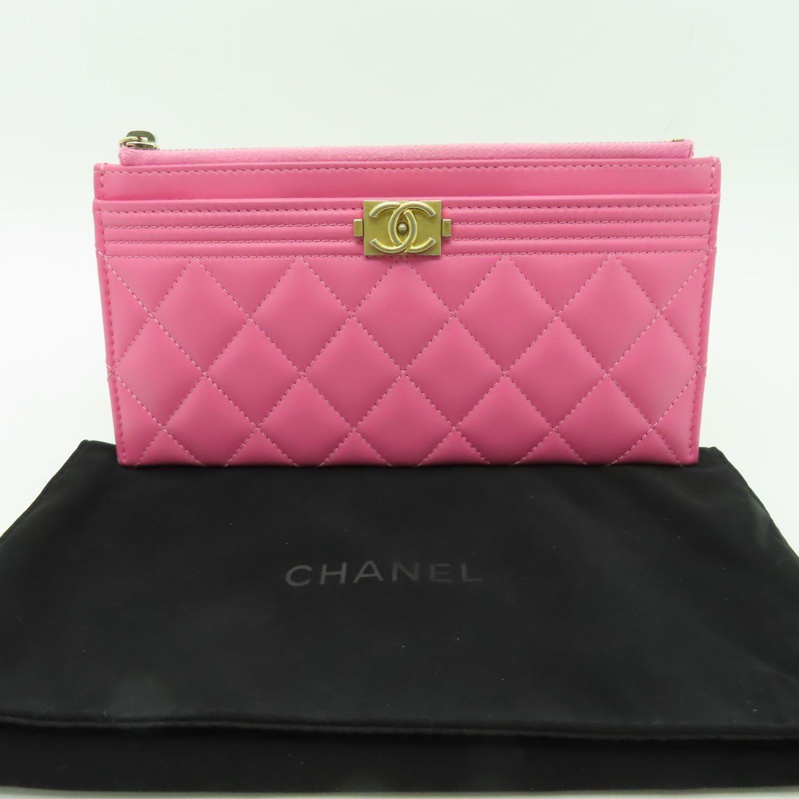 CHANEL 【激減優惠】菱格牛皮皮革Boy Pouch Wallet金扣長錢包粉紅色