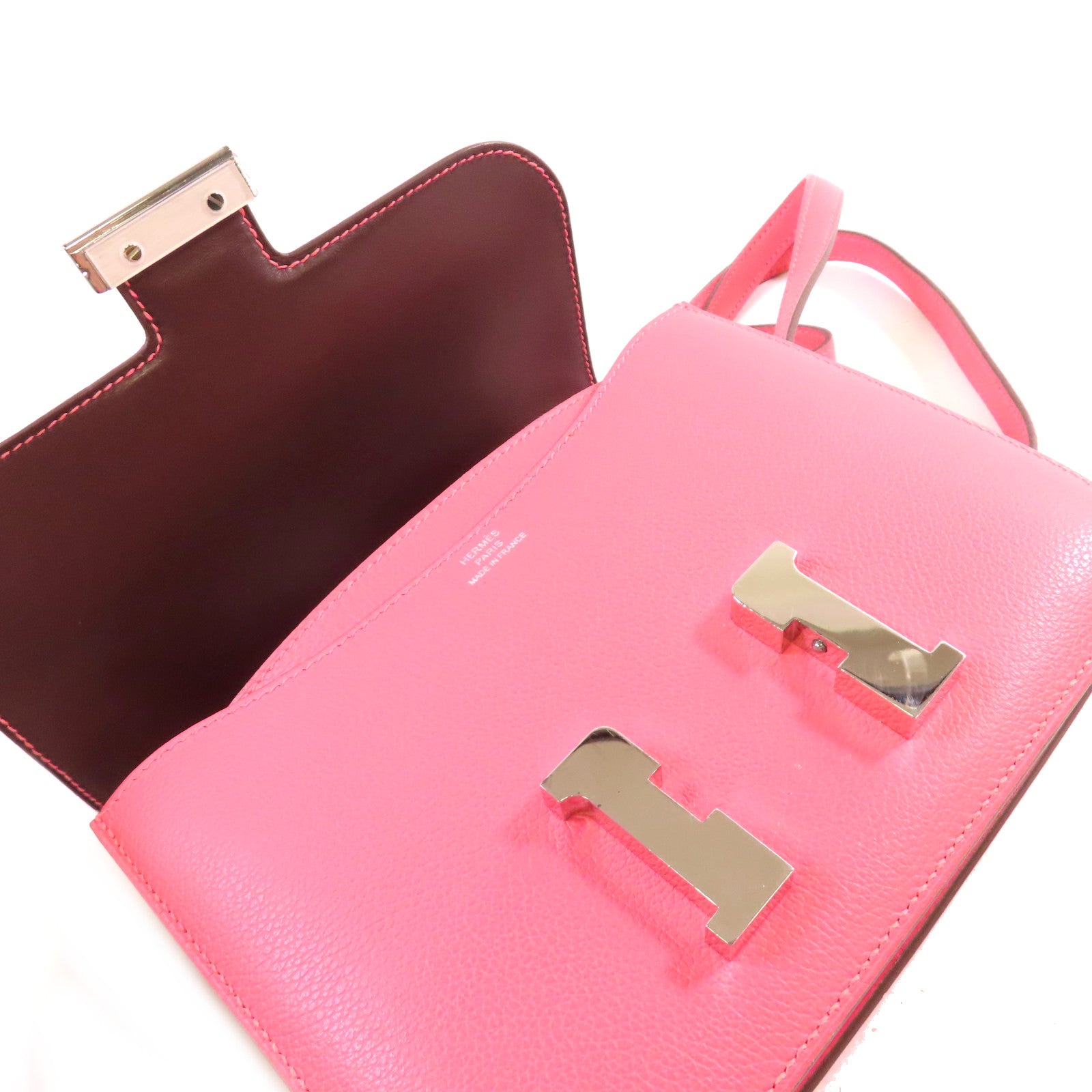 HERMES 【激減優惠】Evercolor皮革Mini Constance Shoulder Bag銀扣肩背袋玫瑰杜鵑粉色/李子色