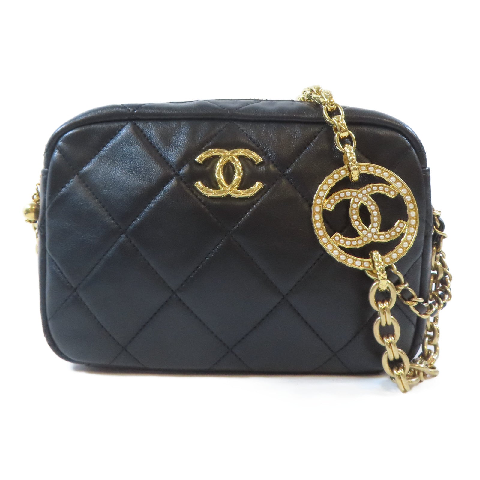 CHANEL 菱格牛皮皮革Chain Shoulder金扣鏈帶肩背袋黑色