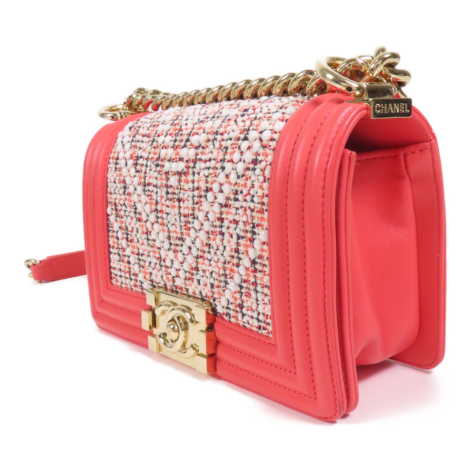 CHANEL Tweed/羊皮皮革Boy 20金扣鏈帶肩背袋