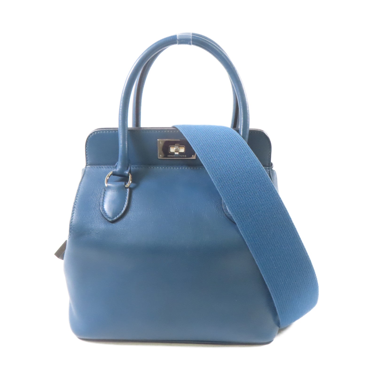 HERMES Swift皮革Toolbox銀扣手挽肩背兩用袋Bleu Agate/藍色