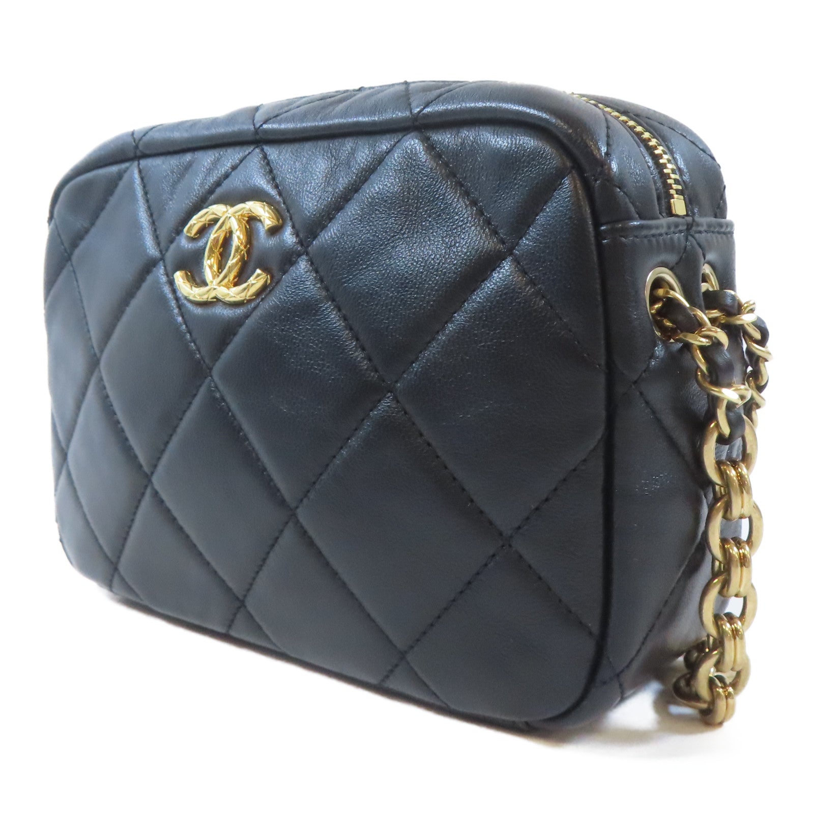 CHANEL 菱格牛皮皮革Chain Shoulder金扣鏈帶肩背袋黑色