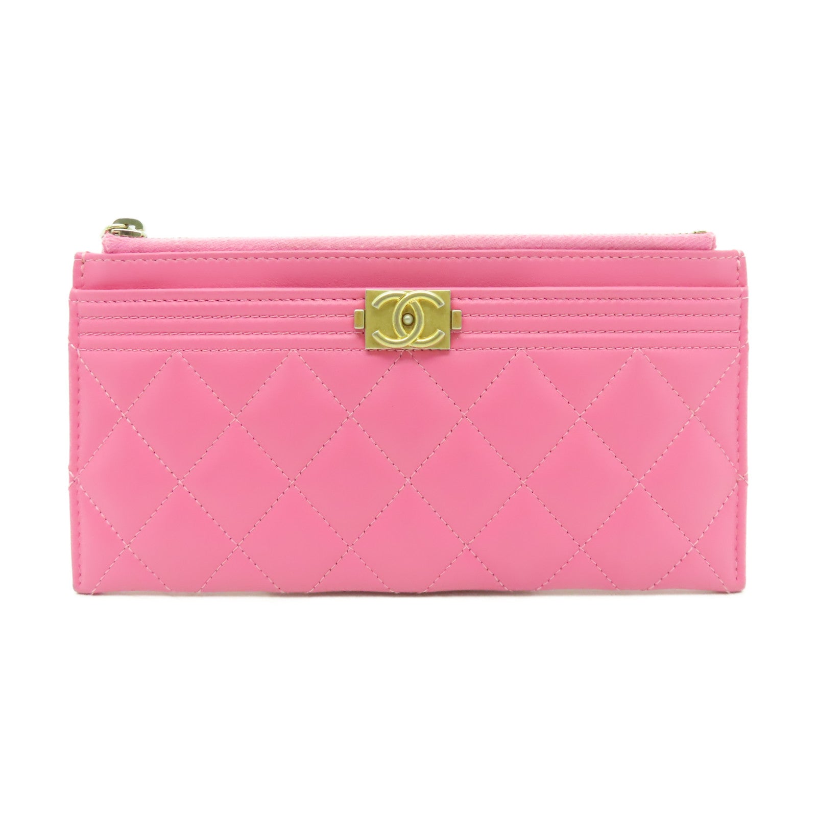 CHANEL 【激減優惠】菱格牛皮皮革Boy Pouch Wallet金扣長錢包粉紅色